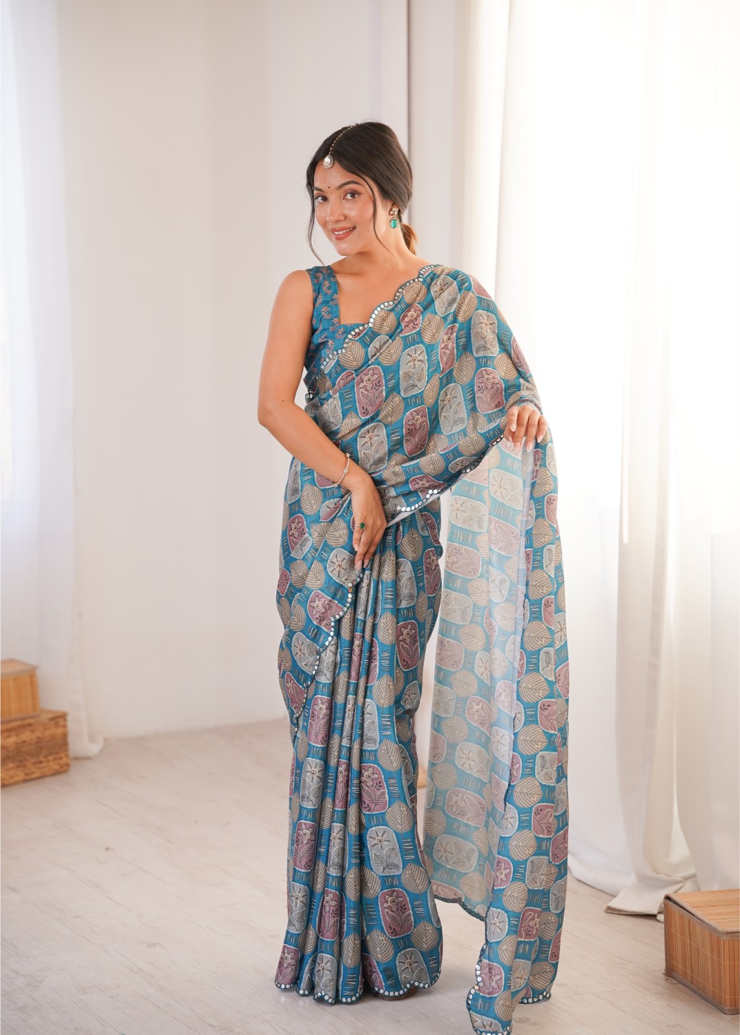 Blue Chinon Digital Printed Mirror Work Saree