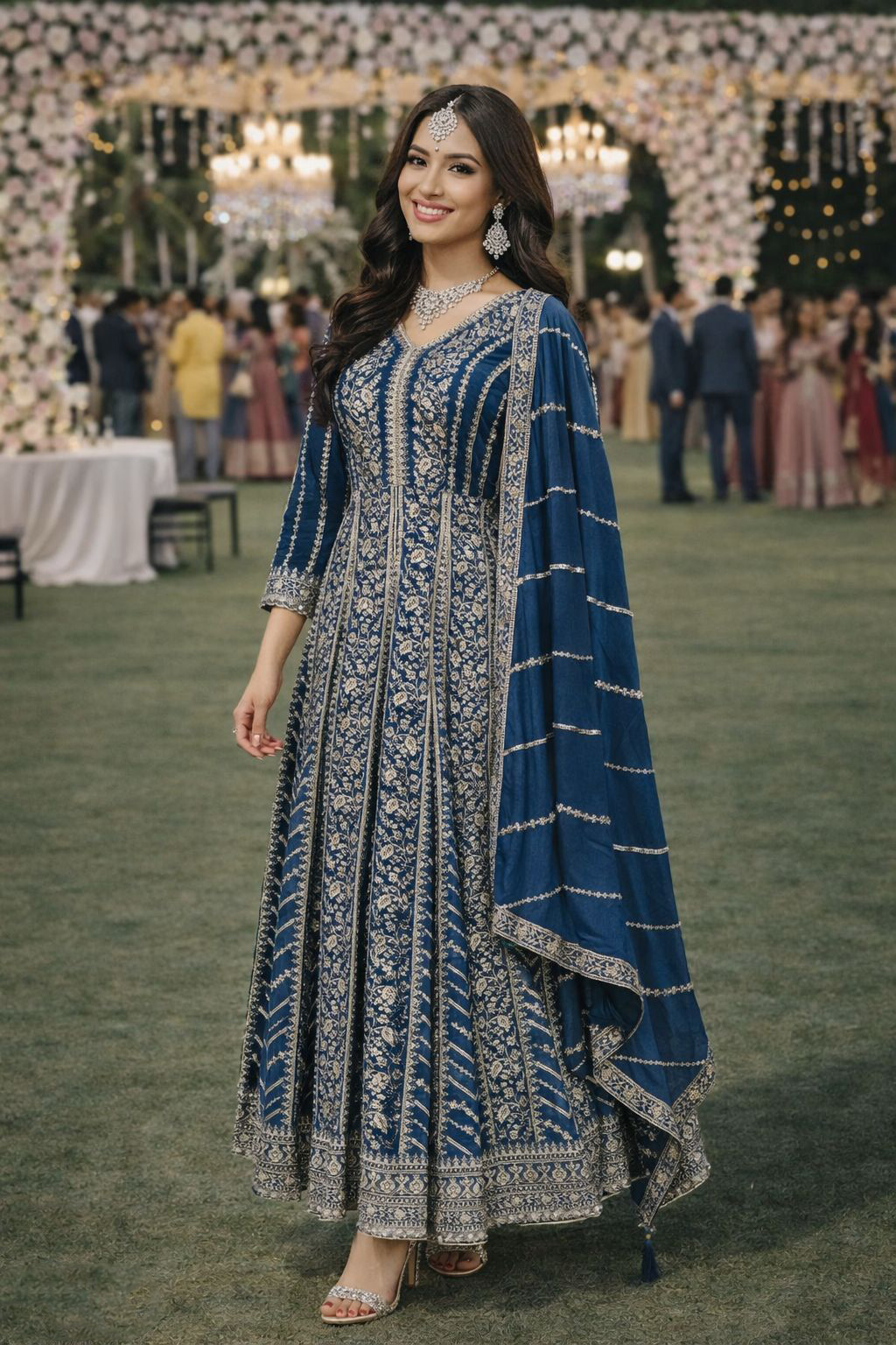 Blue Chinon Embroidered Anarkali Gown
