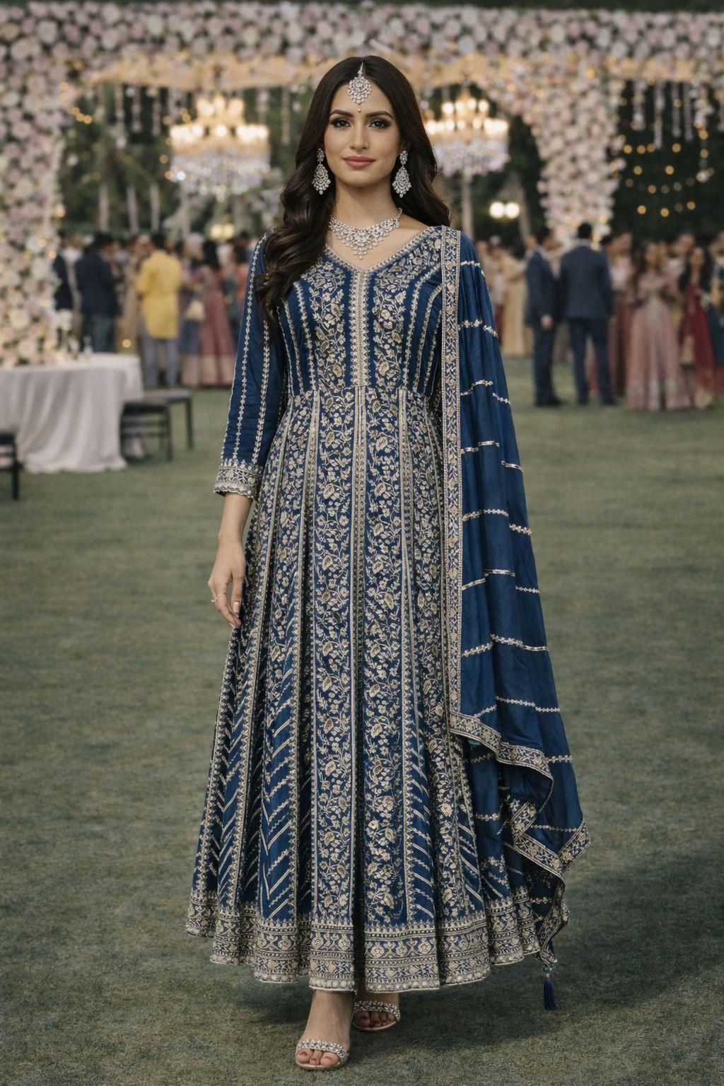 Blue Chinon Embroidered Anarkali Gown