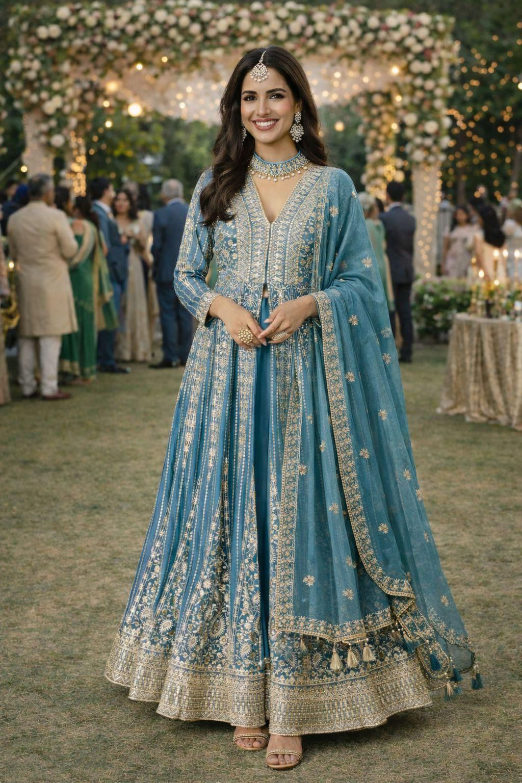 Blue Chinon Embroidered Anarkali Suit
