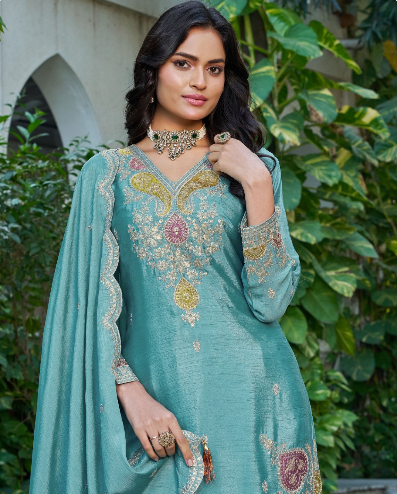 Blue Chinon Embroidered Straight Salwar Suit