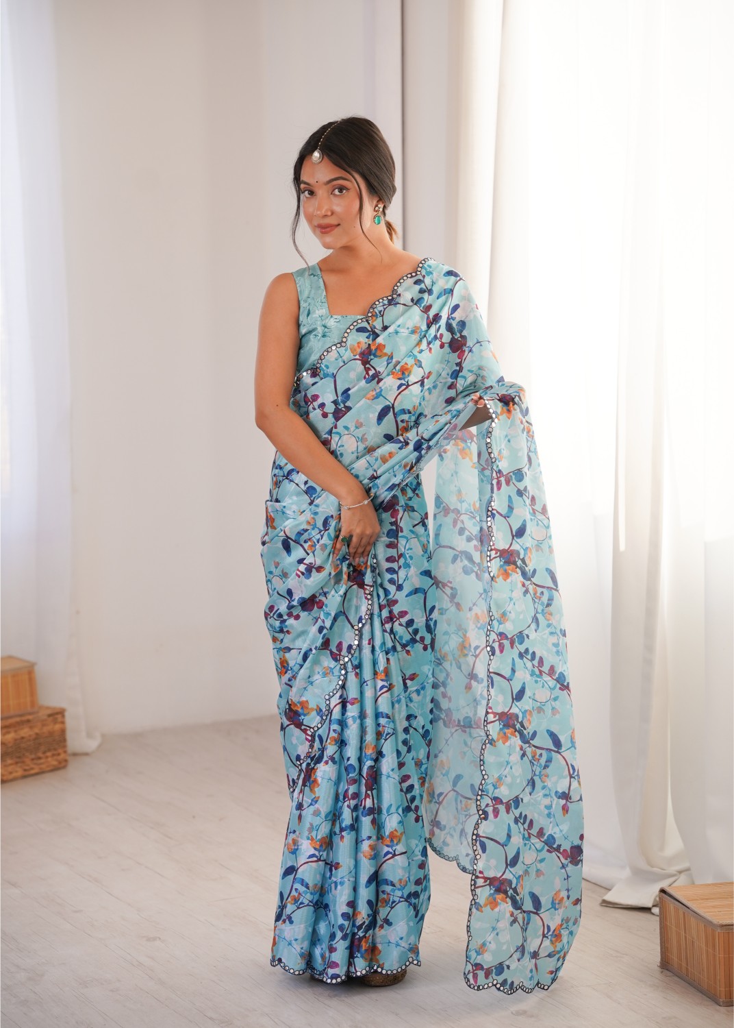 Blue Chinon Floral Printed Mirror Work Saree