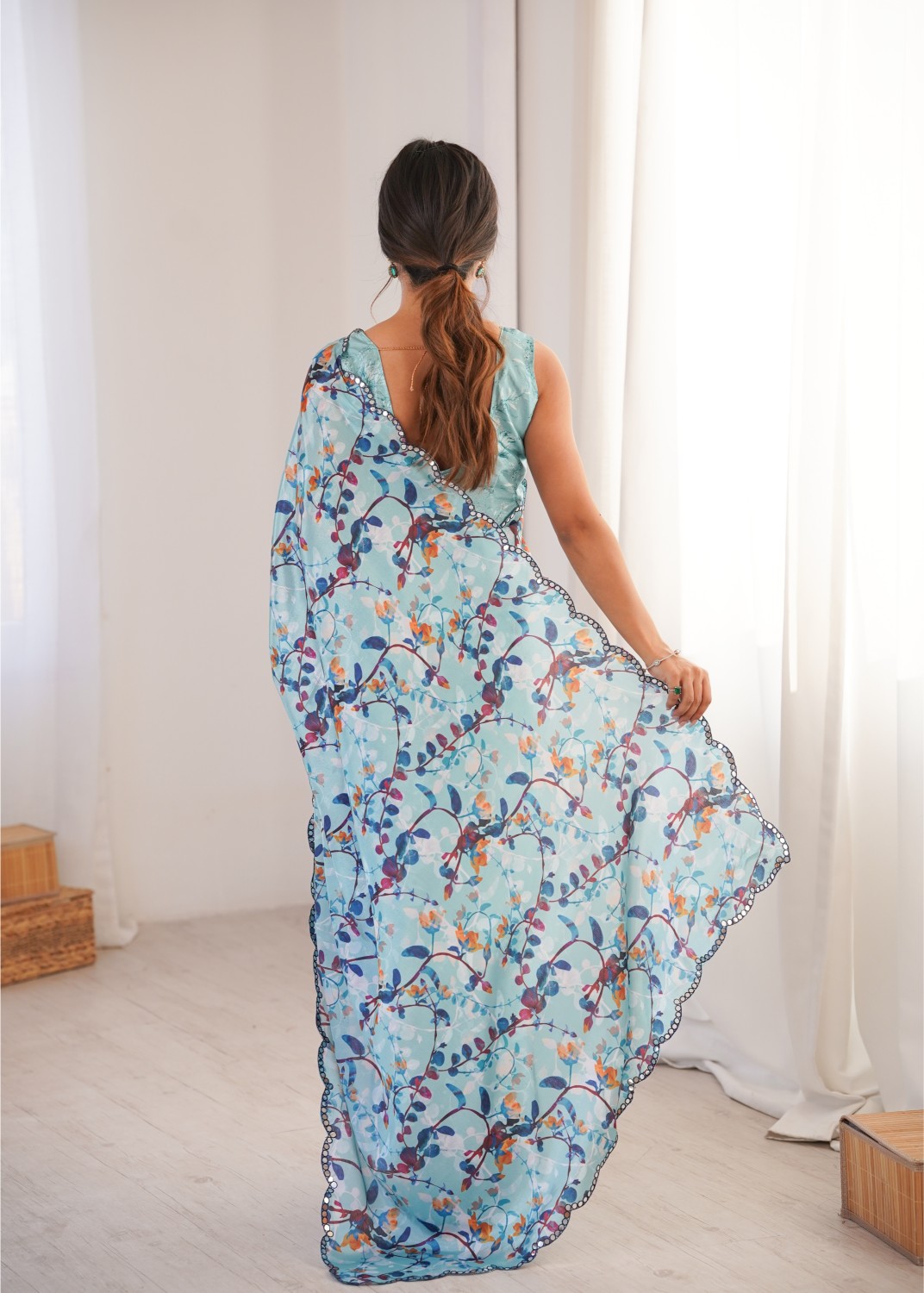 Blue Chinon Floral Printed Mirror Work Saree — alternate view