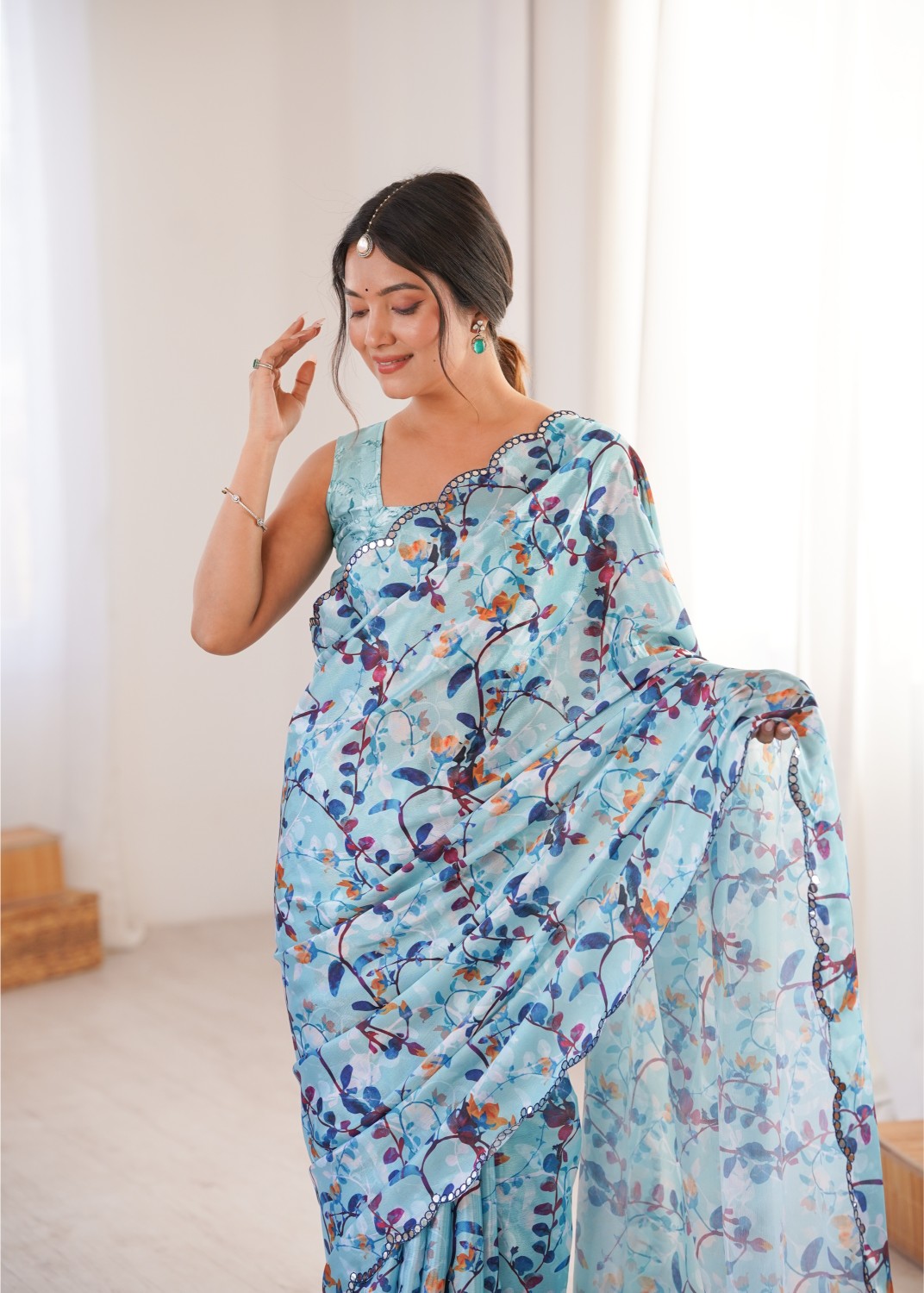 Blue Chinon Floral Printed Mirror Work Saree