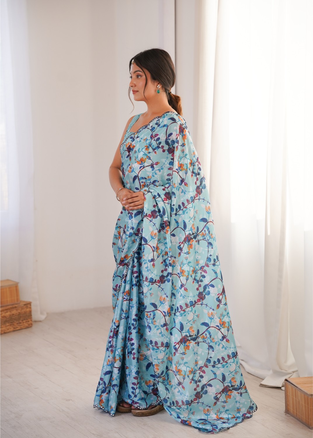 Blue Chinon Floral Printed Mirror Work Saree