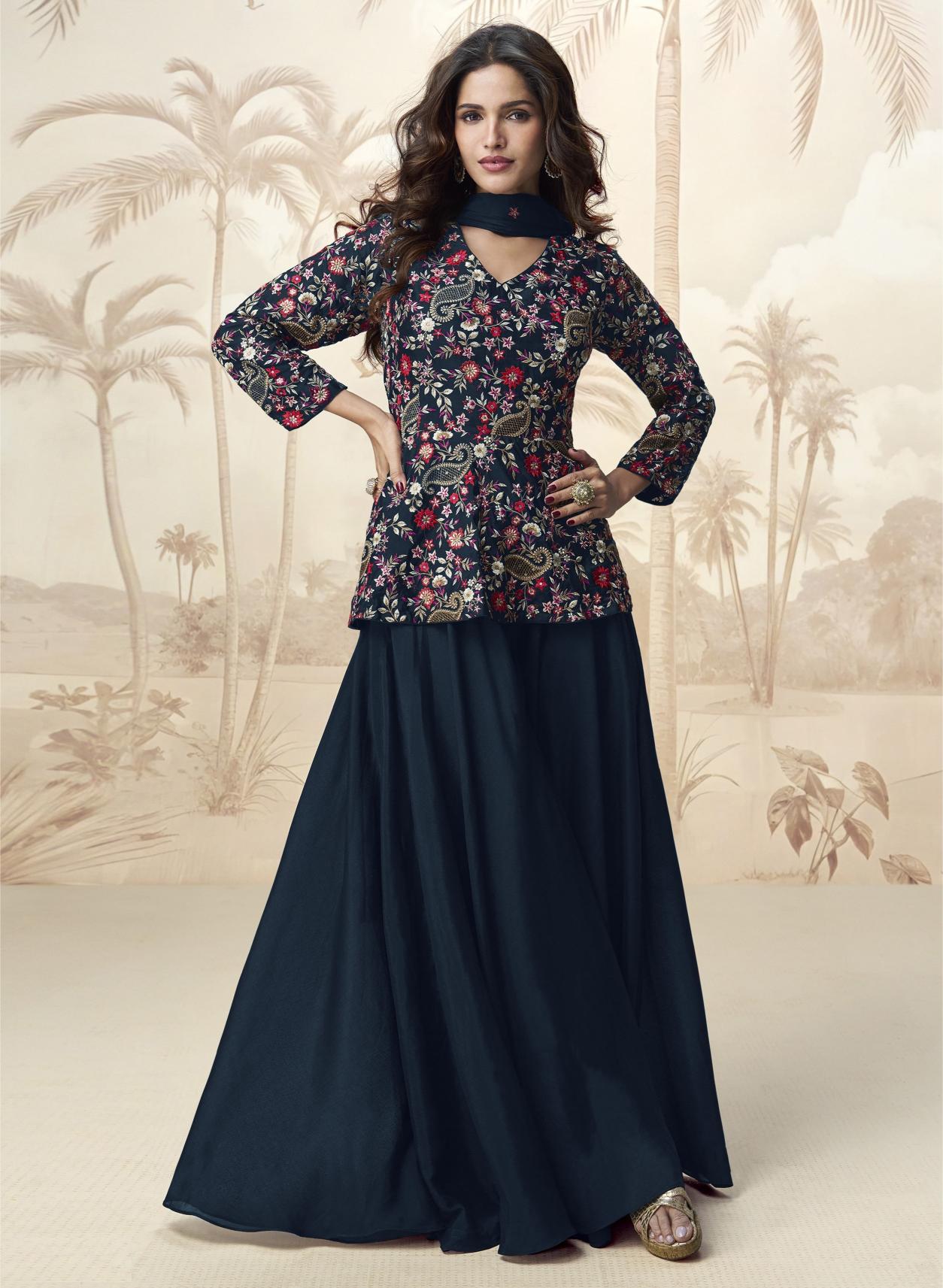 Blue Chinon Heavy Designer Embroidery Palazzo Suit