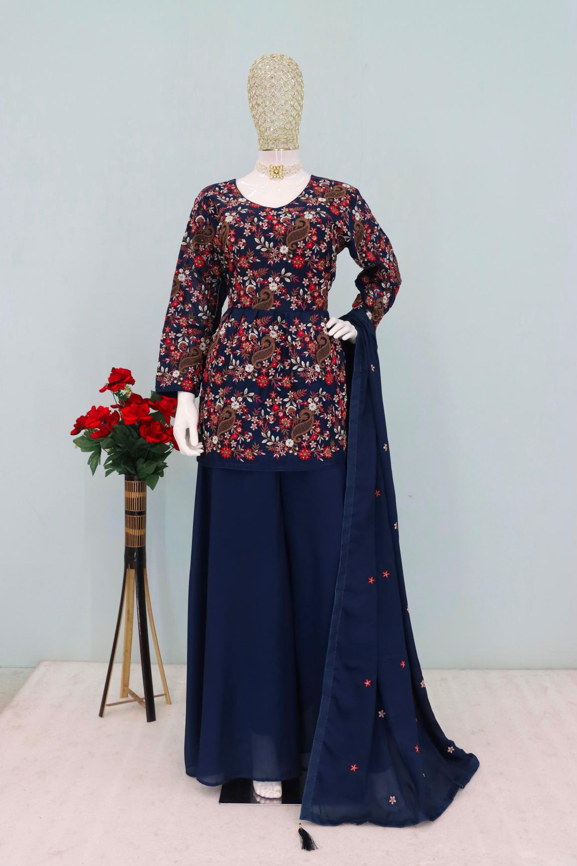 Blue Chinon Heavy Designer Embroidery Palazzo Suit