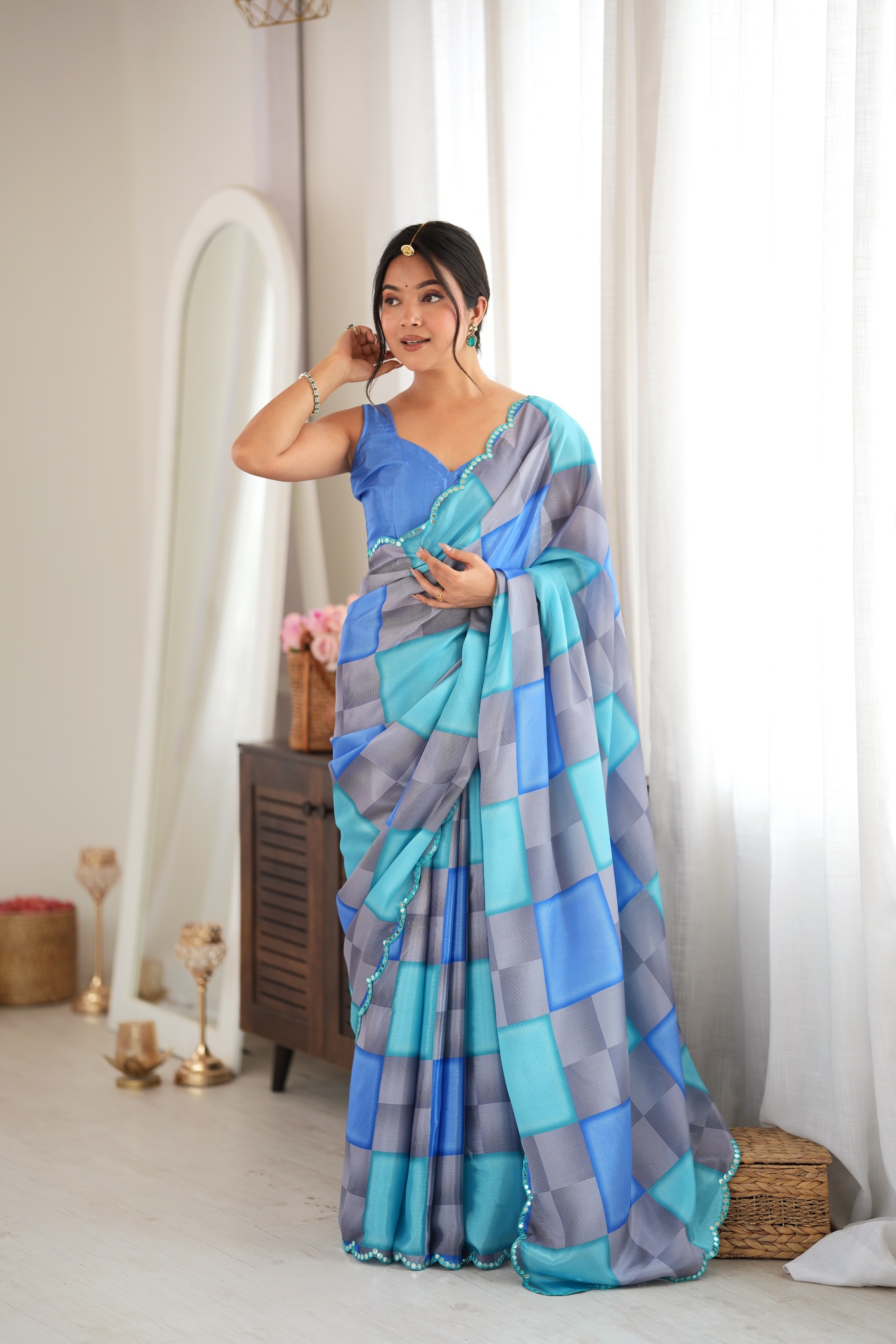 Blue Colour Block Print Mirror Work Chinon Saree