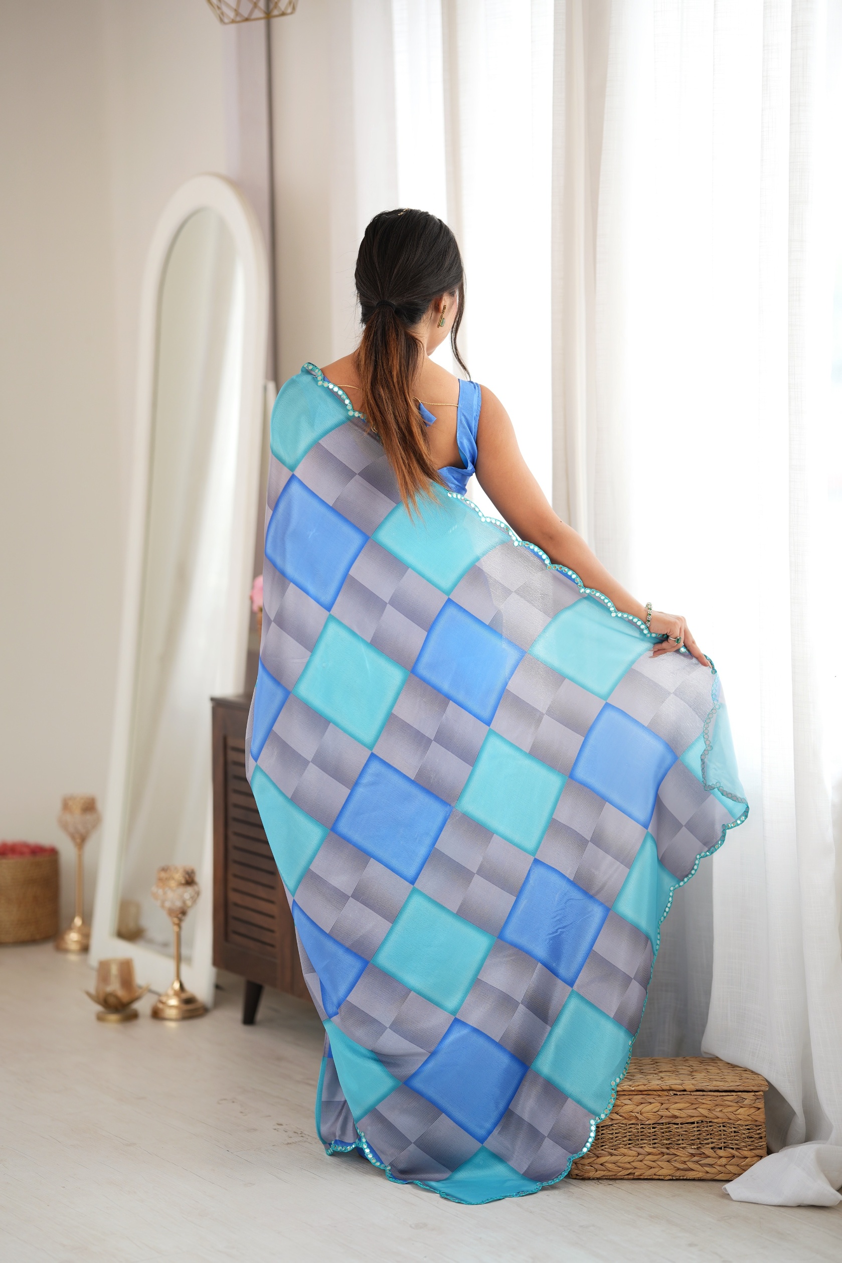 Blue Colour Block Print Mirror Work Chinon Saree — alternate view