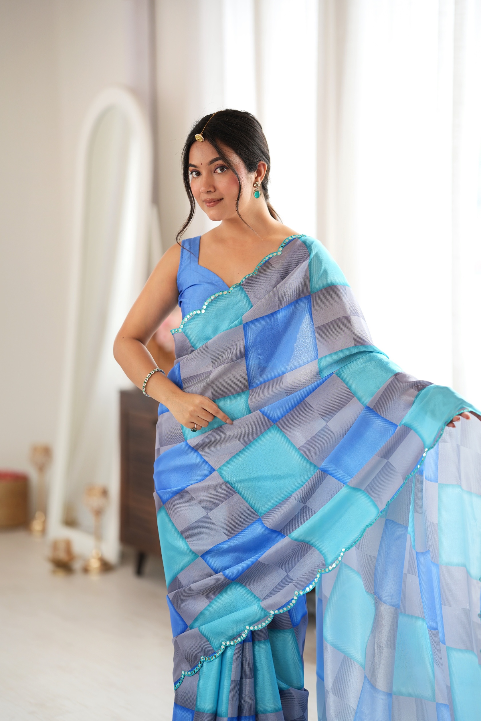 Blue Colour Block Print Mirror Work Chinon Saree