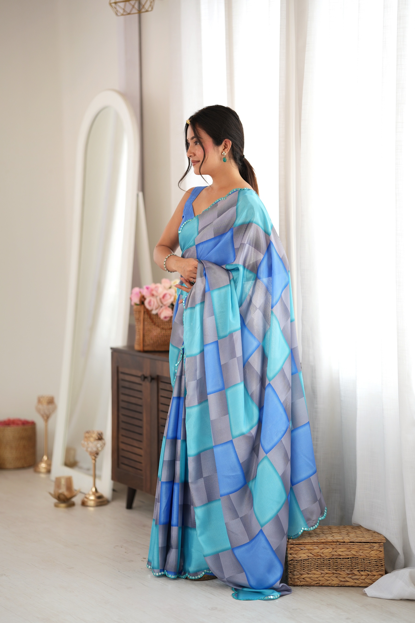 Blue Colour Block Print Mirror Work Chinon Saree