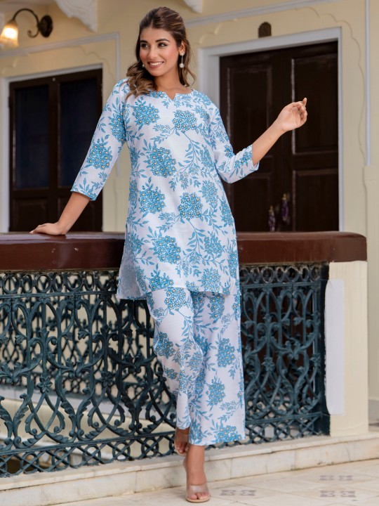 Blue Cotton Blend Designer Printed Co-Ord Set