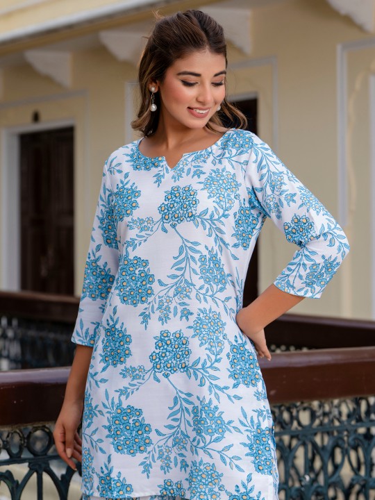 Blue Cotton Blend Designer Printed Co-Ord Set