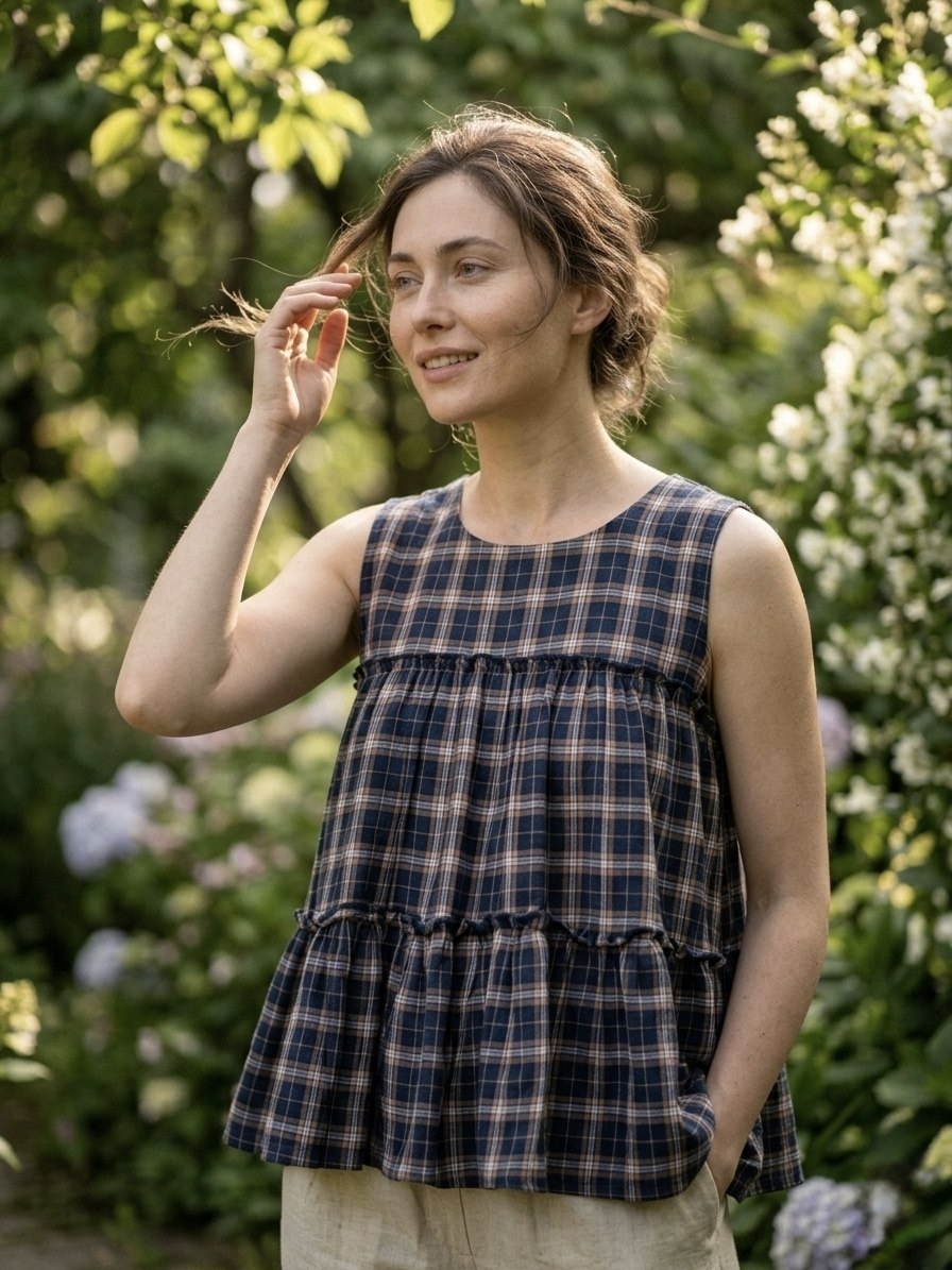 Blue Cotton Checked Tiered Co-Ord Set