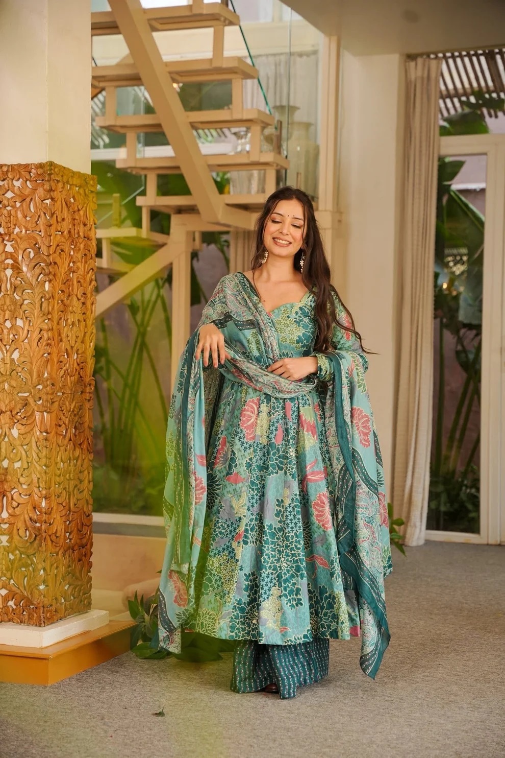 Blue Cotton Silk Multicolor Digital Printed Anarkali Suit