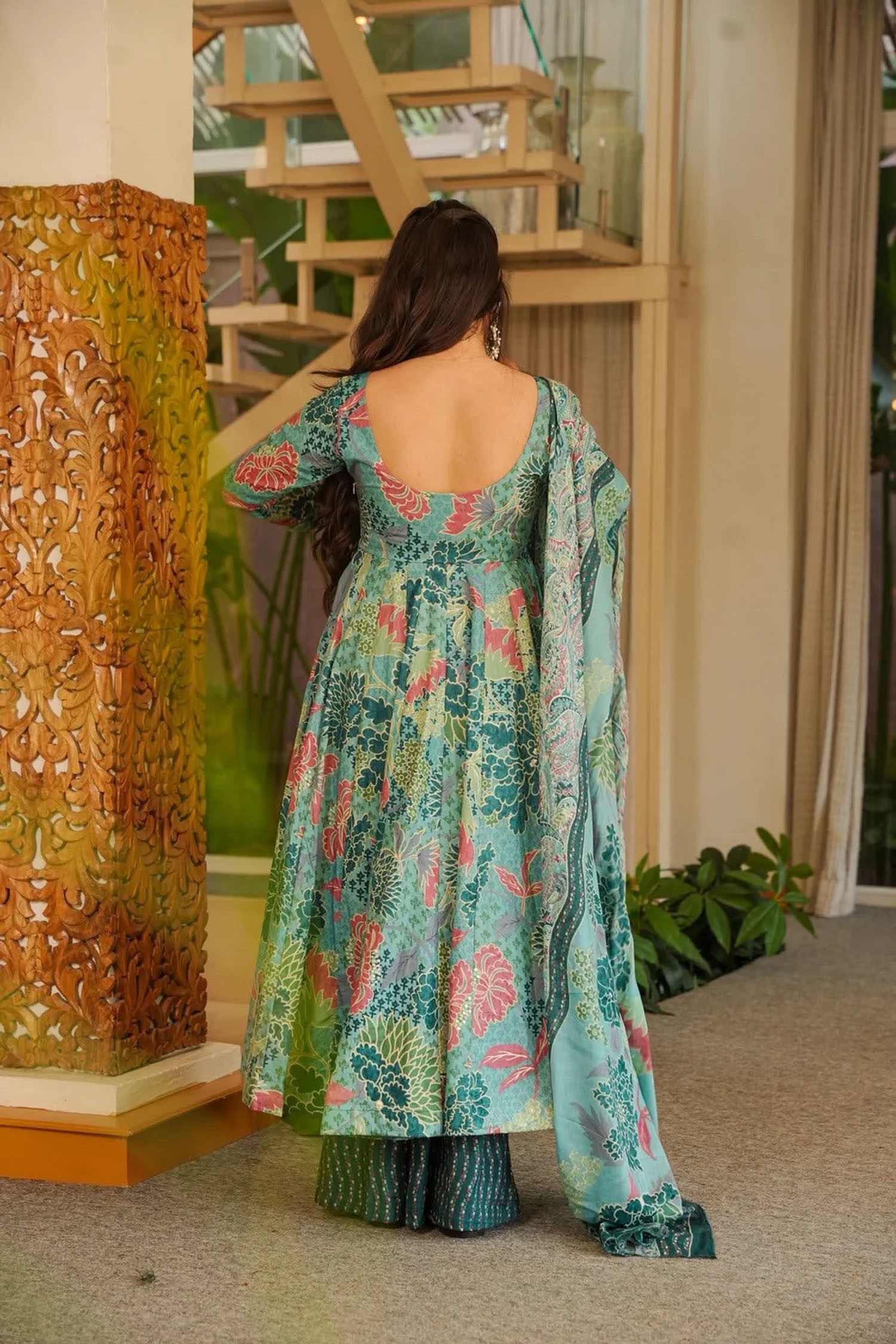 Blue Cotton Silk Multicolor Digital Printed Anarkali Suit — alternate view