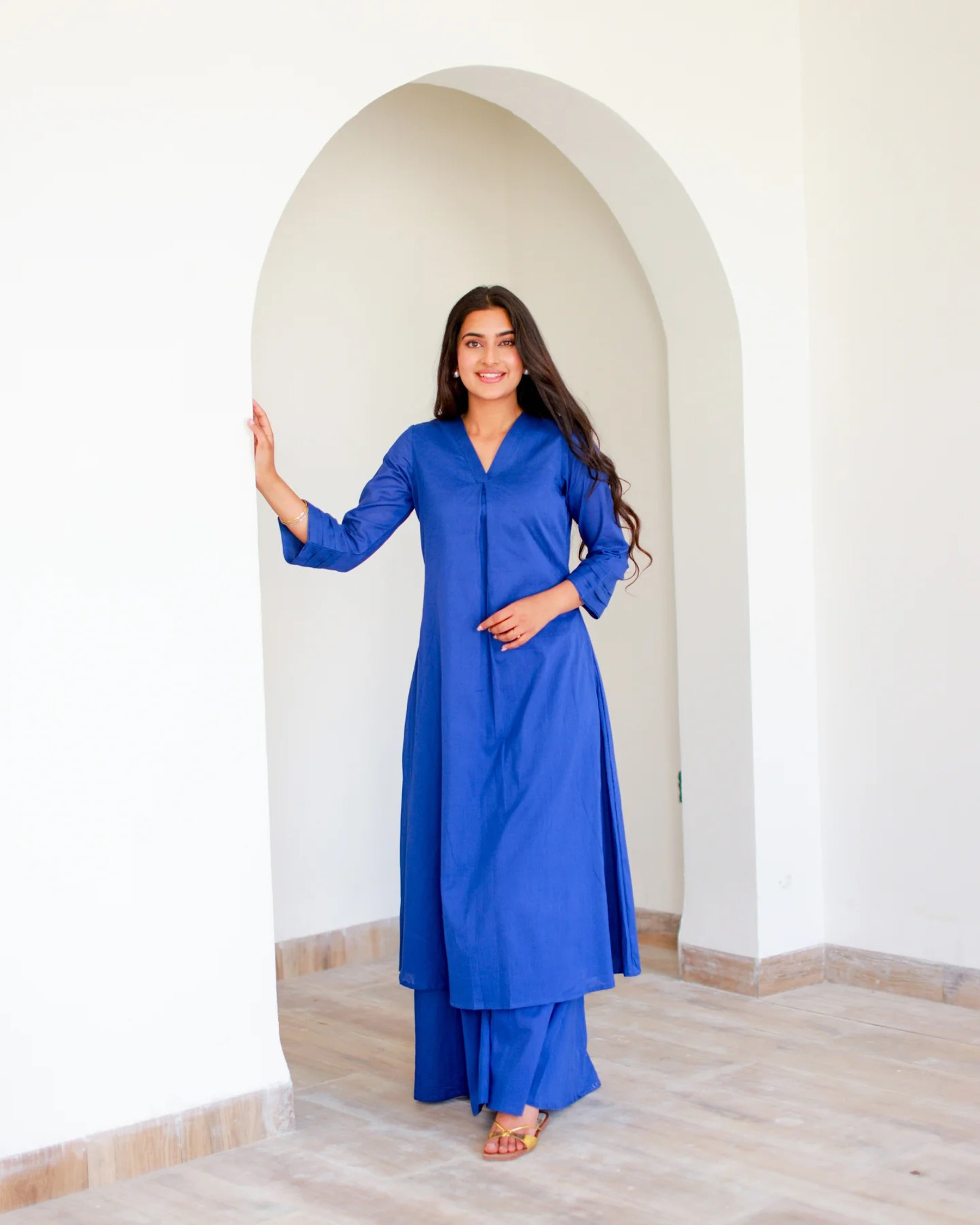 Blue Cotton Solid Designer Casual Tunic Co-ord Set