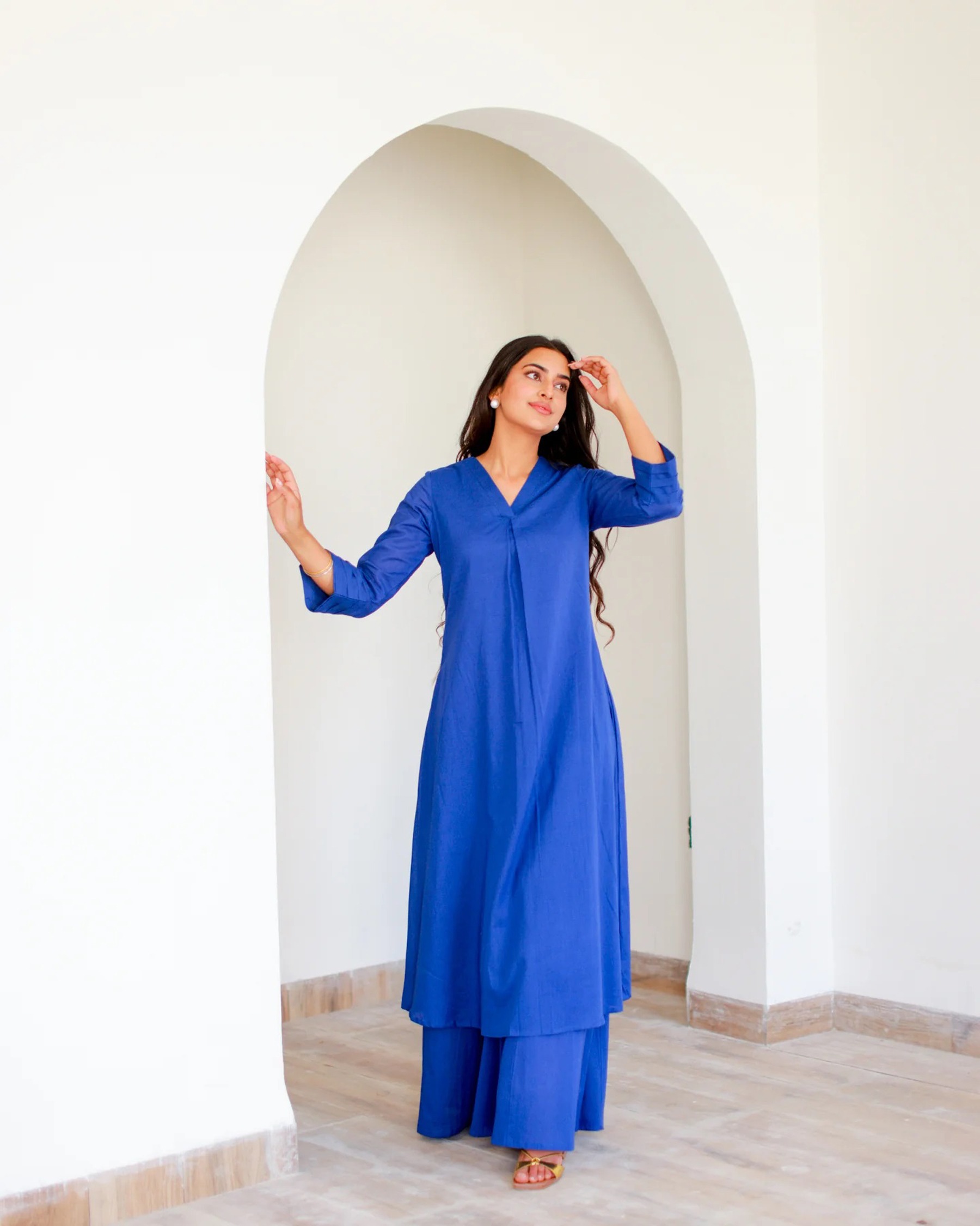 Blue Cotton Solid Designer Casual Tunic Co-ord Set