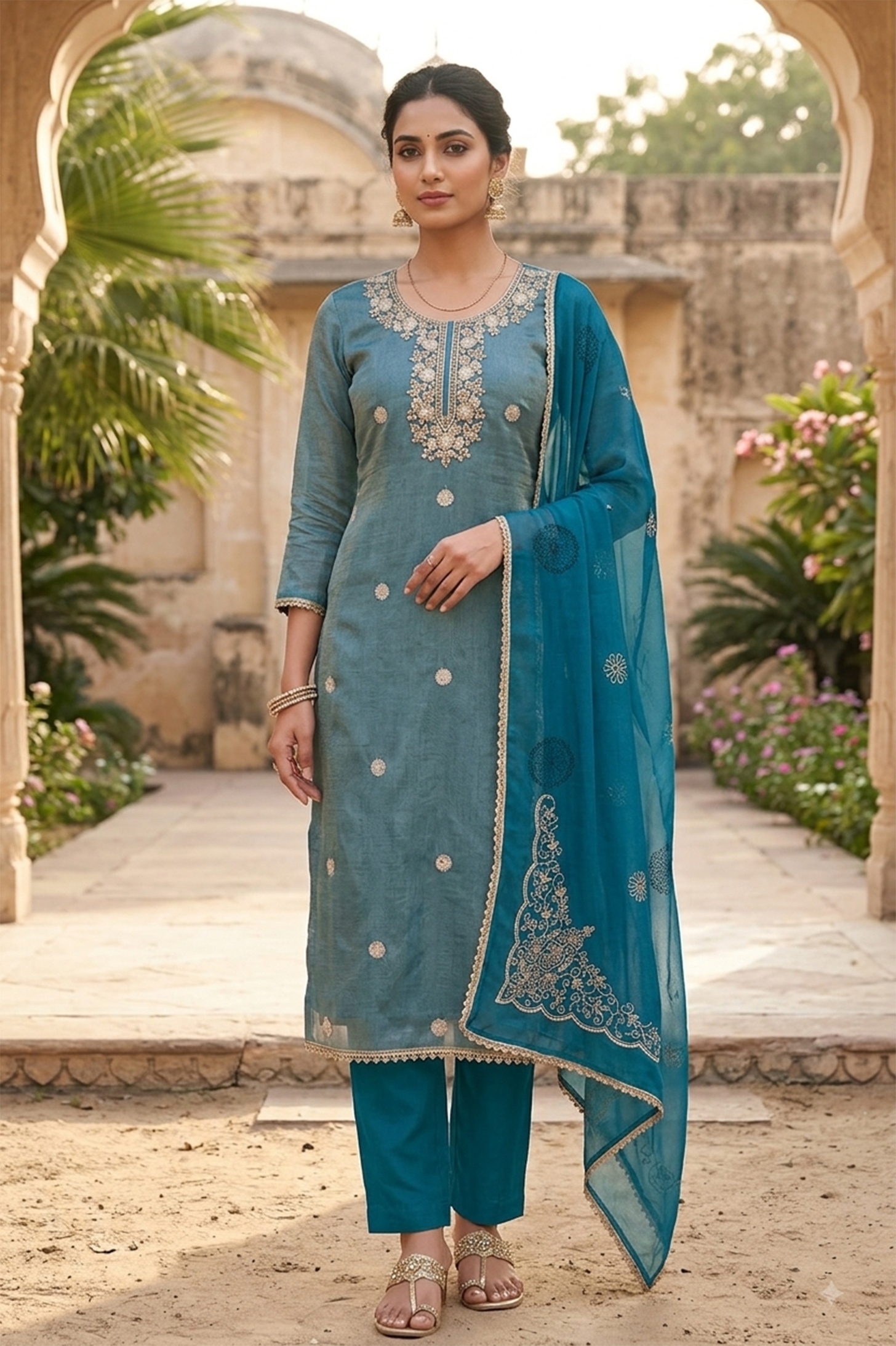 Blue Designer Bits Embroidery Salsa Straight Suit