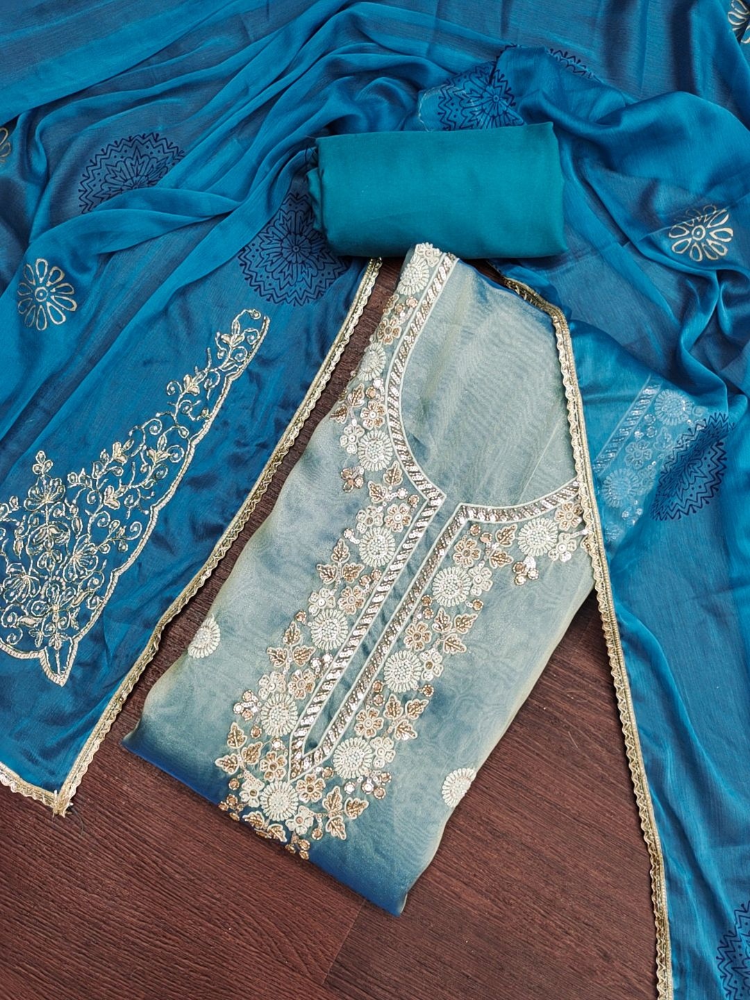 Blue Designer Bits Embroidery Salsa Straight Suit
