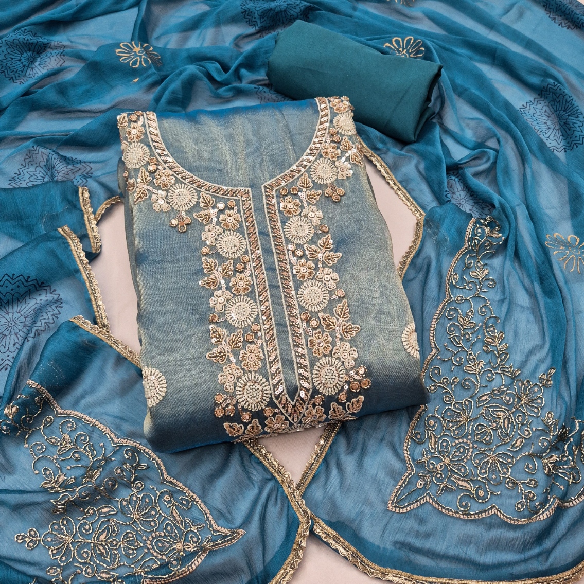 Blue Designer Bits Embroidery Salsa Straight Suit