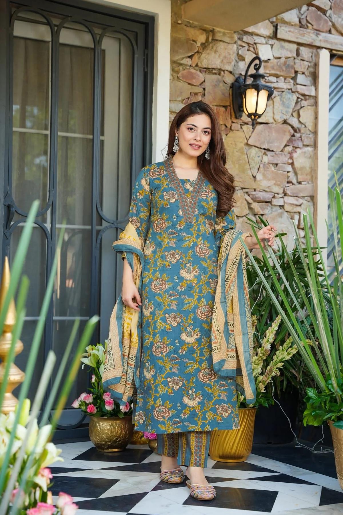 Blue Designer Digital Printed Muslin Palazzo Suit
