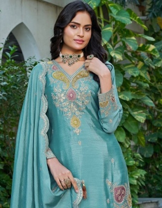 Blue Designer Embroidered Chinon Palazzo Suit — alternate view