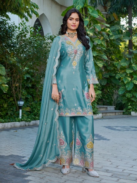 Blue Designer Embroidered Chinon Palazzo Suit