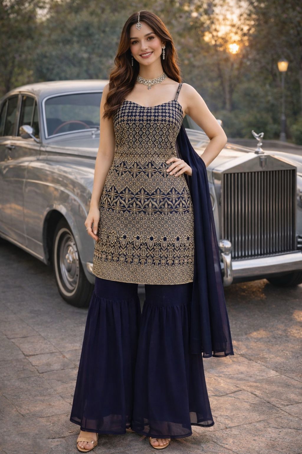 Blue Designer Embroidered Georgette Sharara