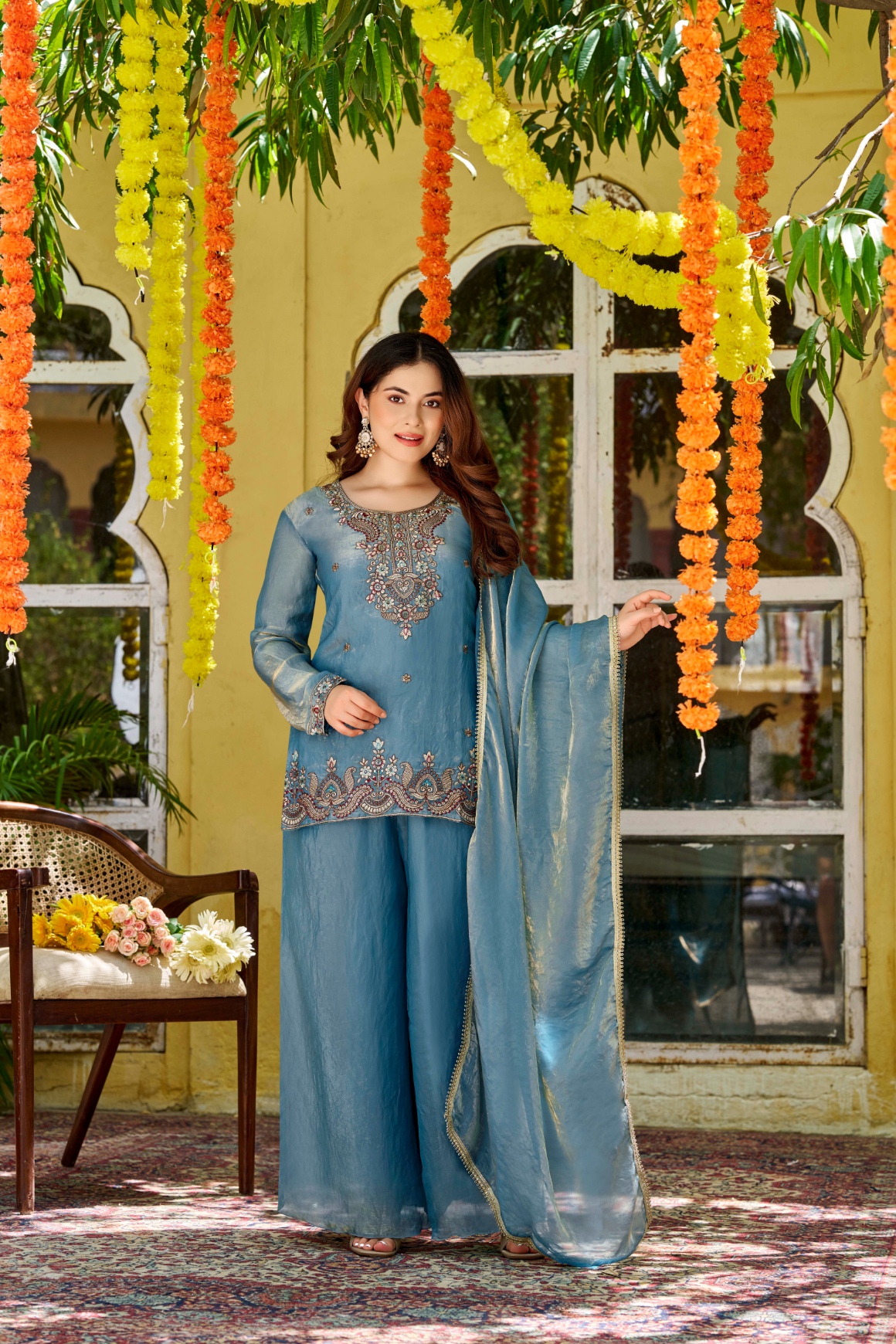 Blue Designer Embroidery Fendy Satin Palazzo Suit