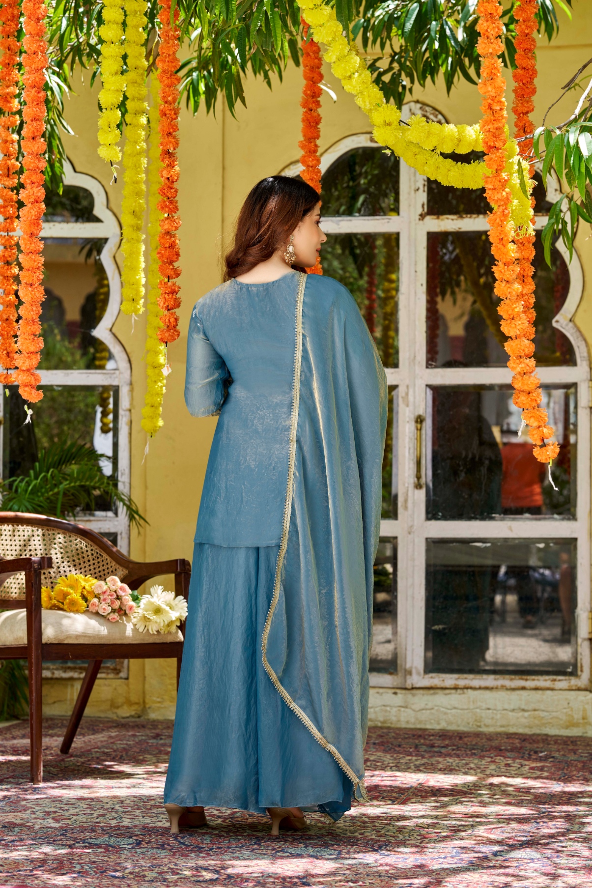 Blue Designer Embroidery Fendy Satin Palazzo Suit — alternate view