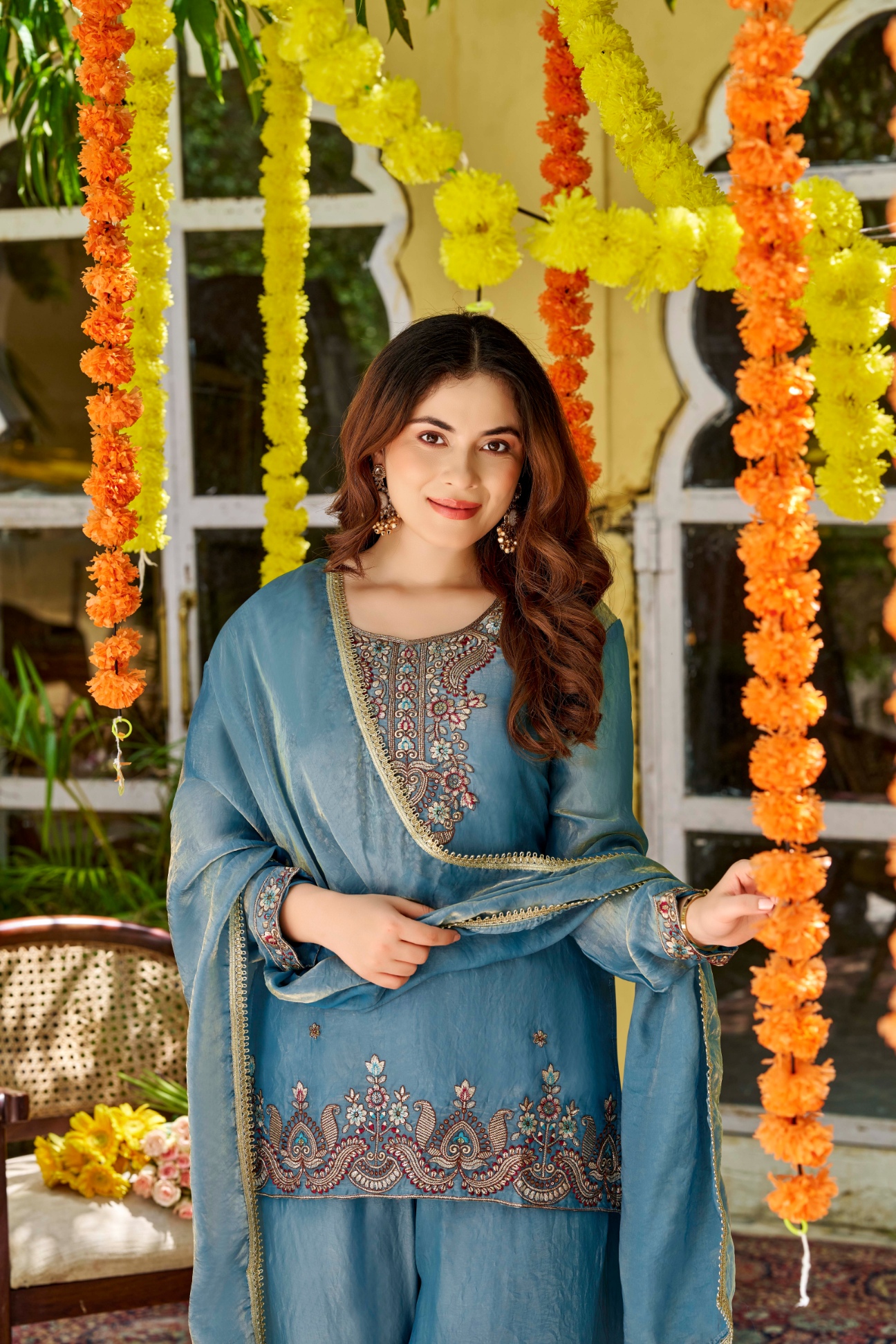 Blue Designer Embroidery Fendy Satin Palazzo Suit