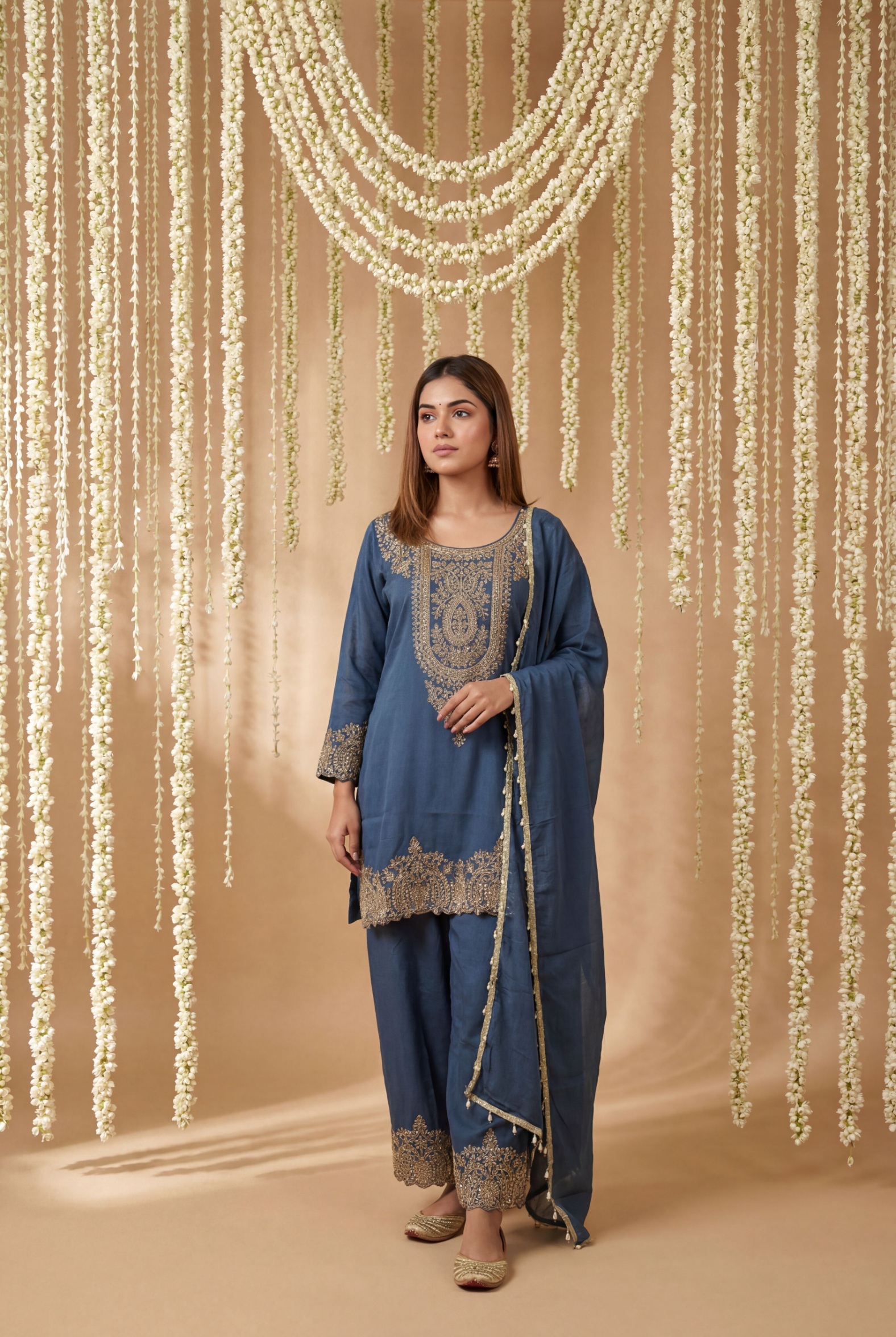 Blue Designer Embroidery Shimmer Tissue Palazzo Suit