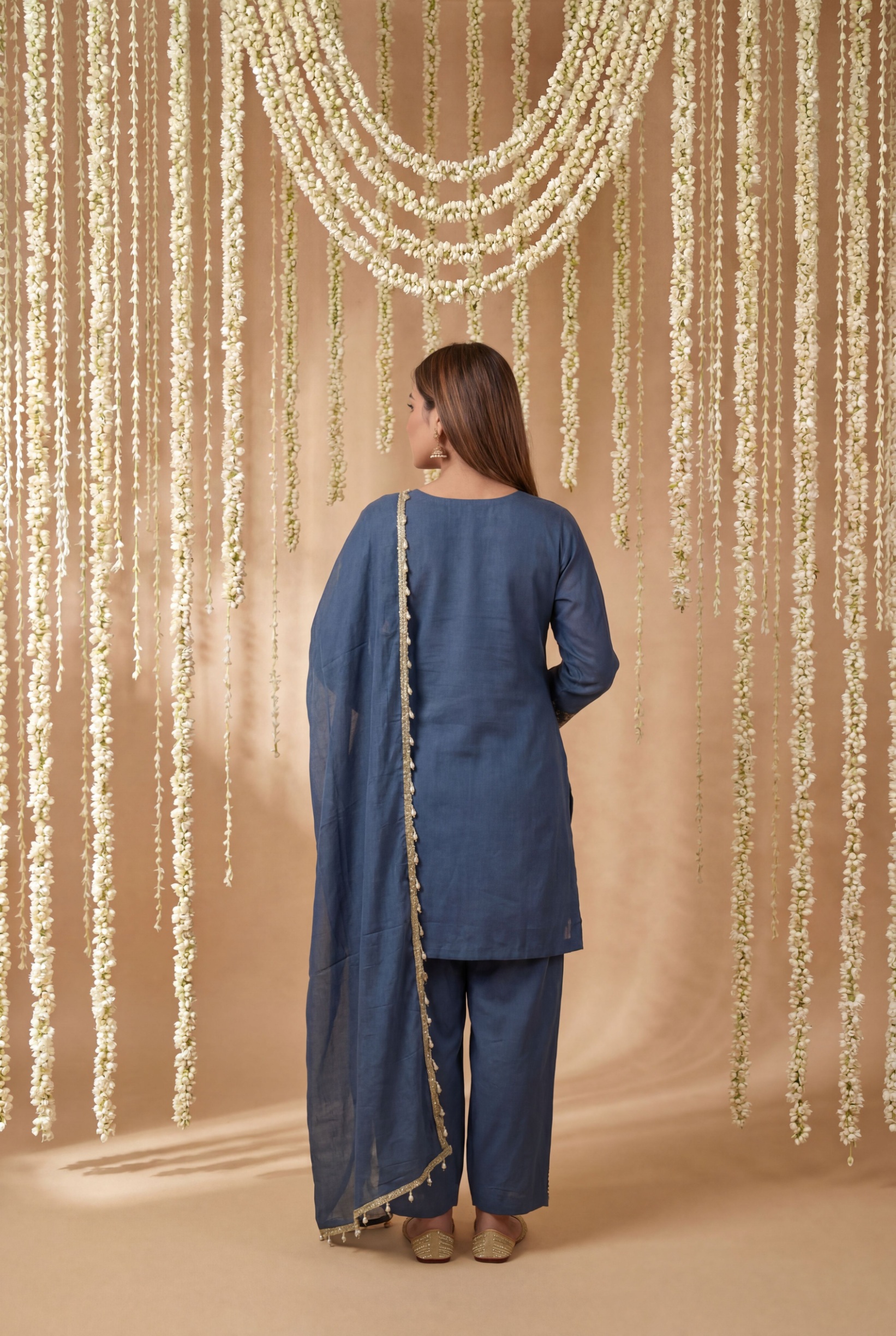 Blue Designer Embroidery Shimmer Tissue Palazzo Suit — alternate view