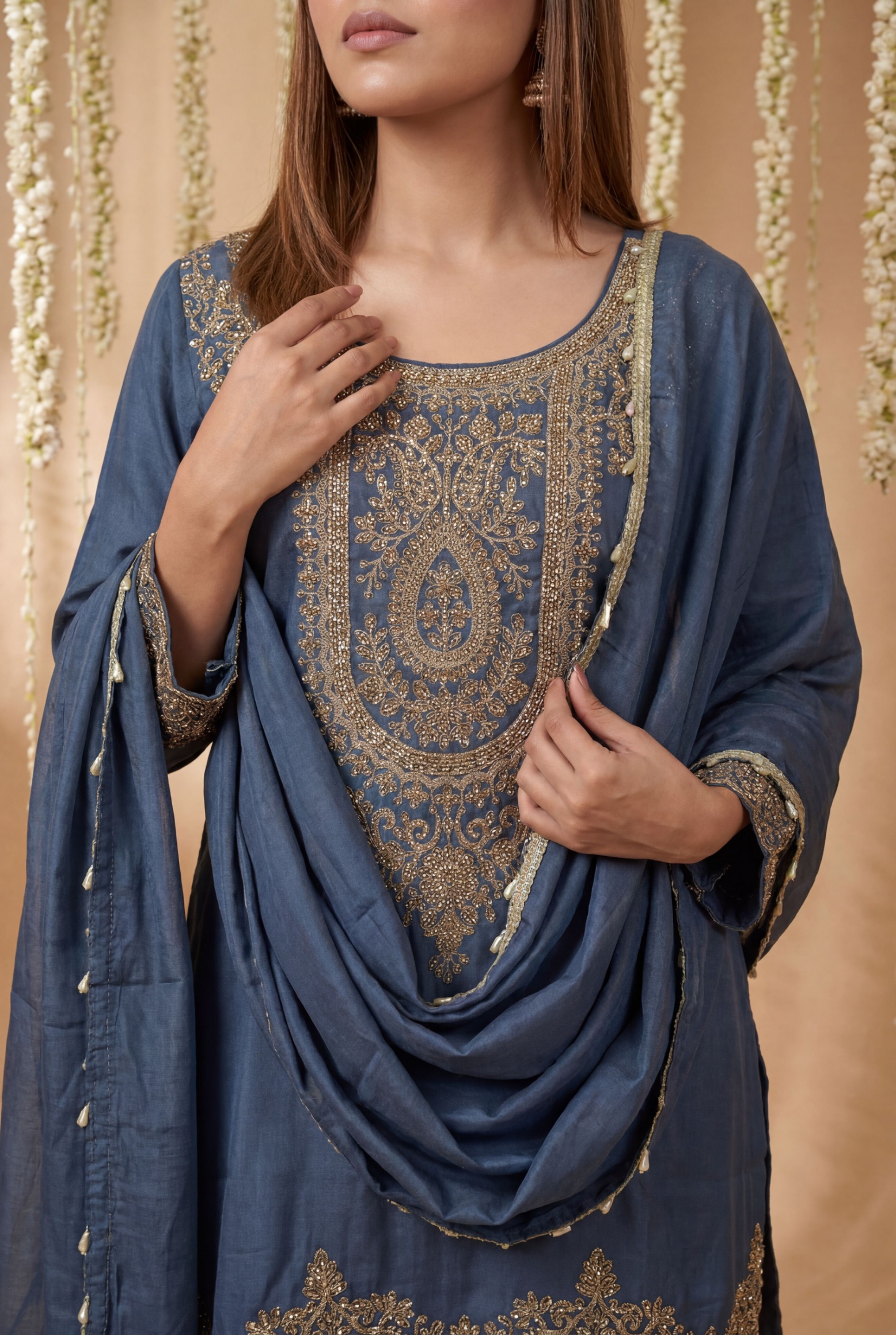 Blue Designer Embroidery Shimmer Tissue Palazzo Suit