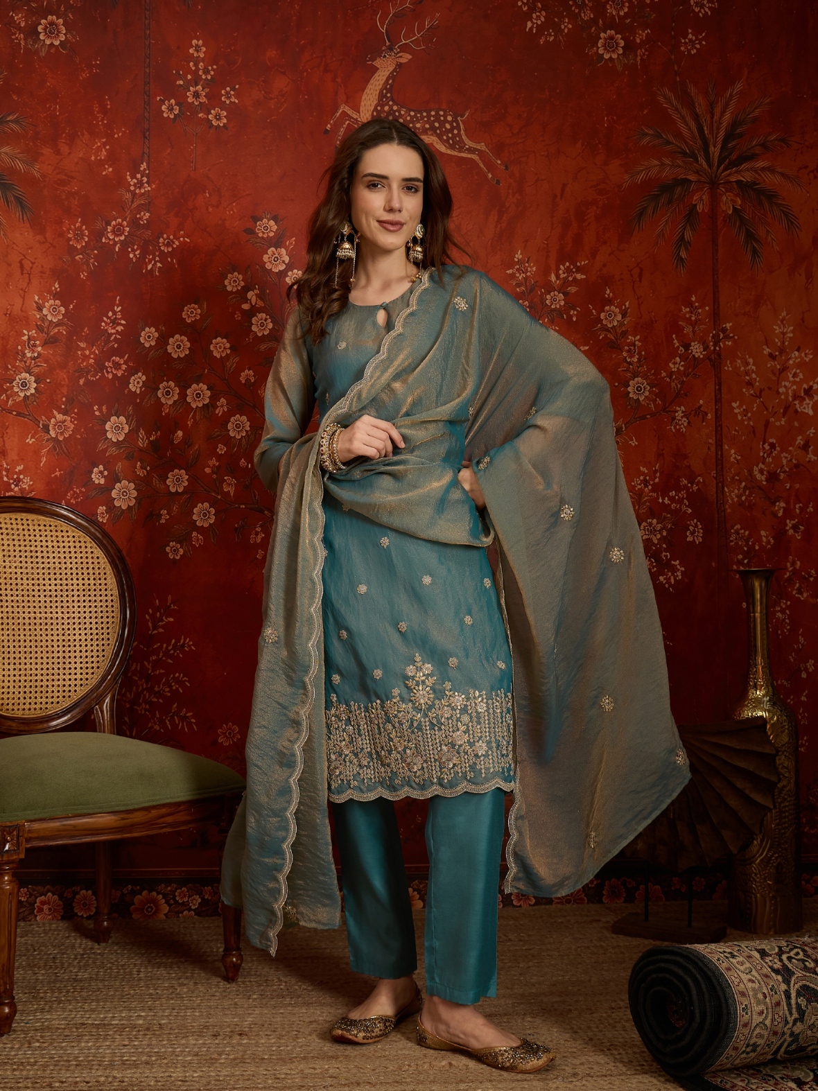 Blue Designer Embroidery Silk Straight Suit