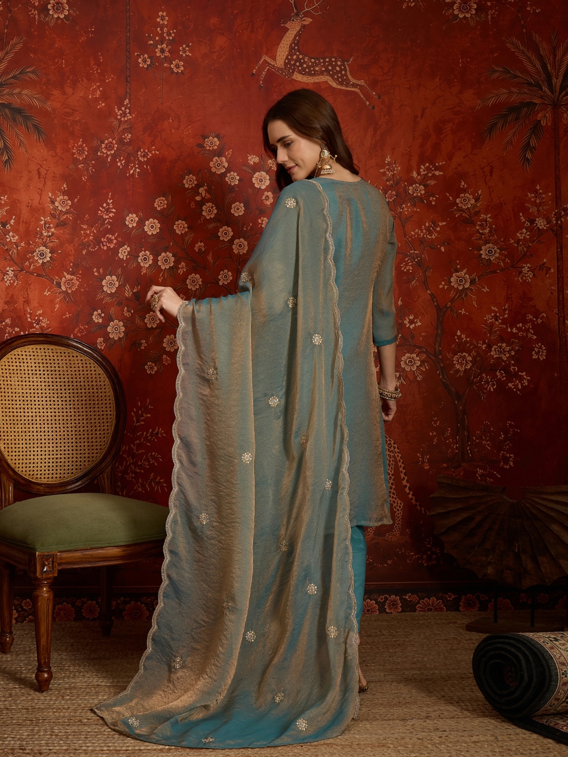 Blue Designer Embroidery Silk Straight Suit — alternate view