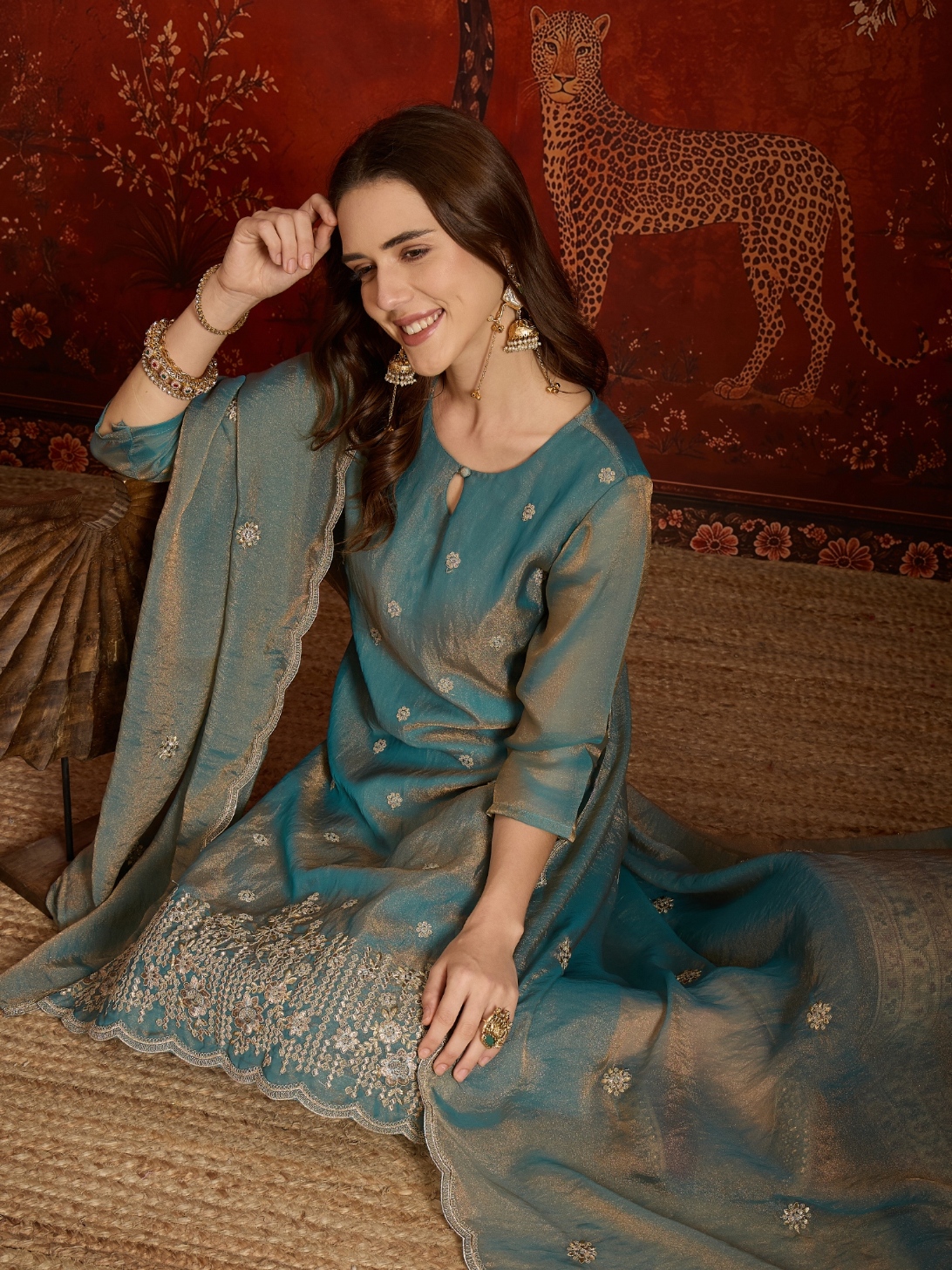 Blue Designer Embroidery Silk Straight Suit