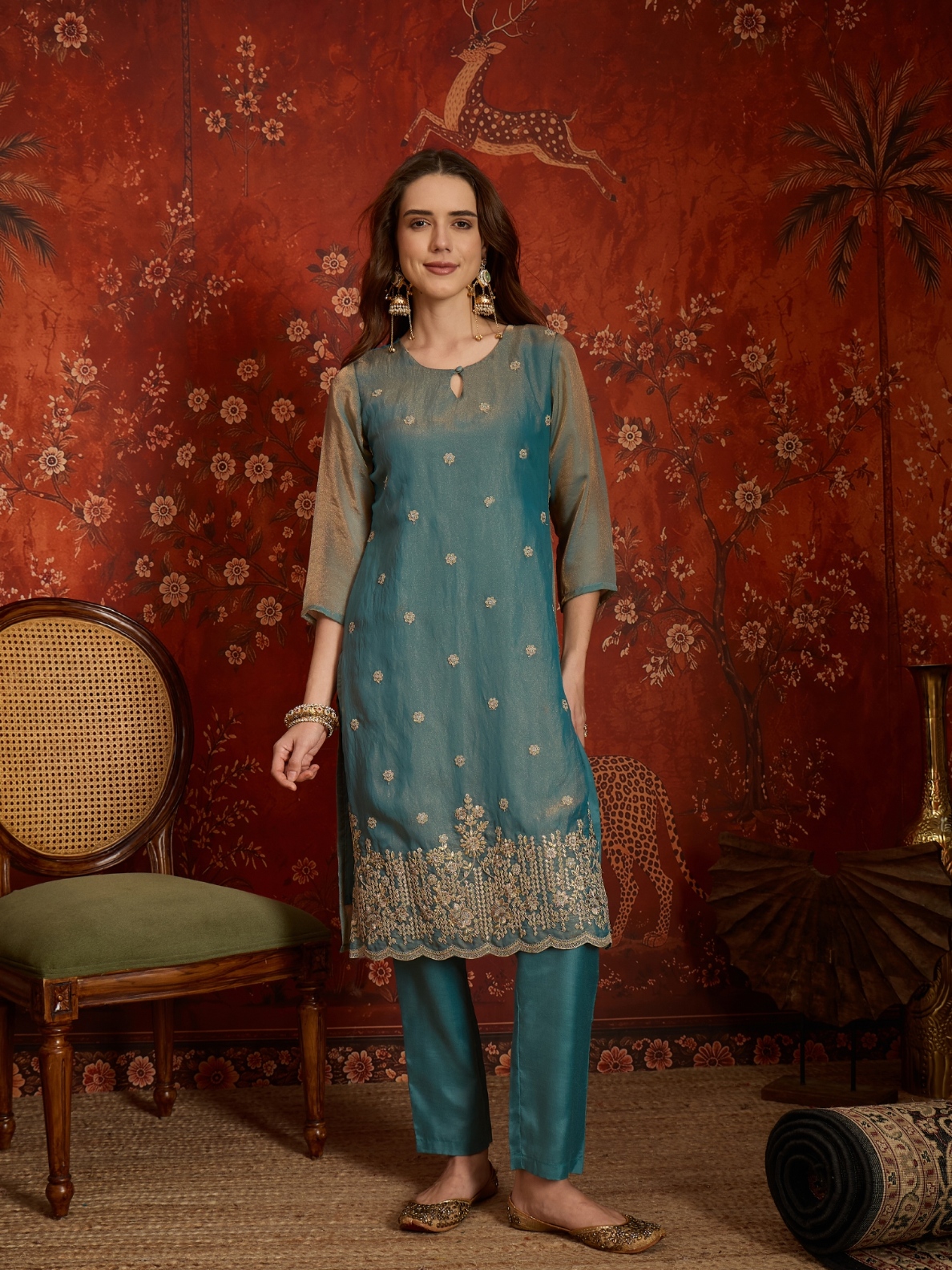 Blue Designer Embroidery Silk Straight Suit