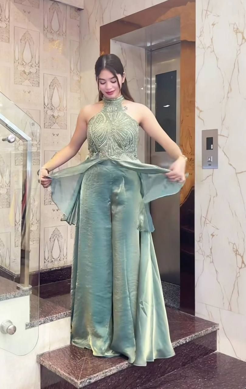 Blue Designer Embroidery Work Fendy Palazzo Suit