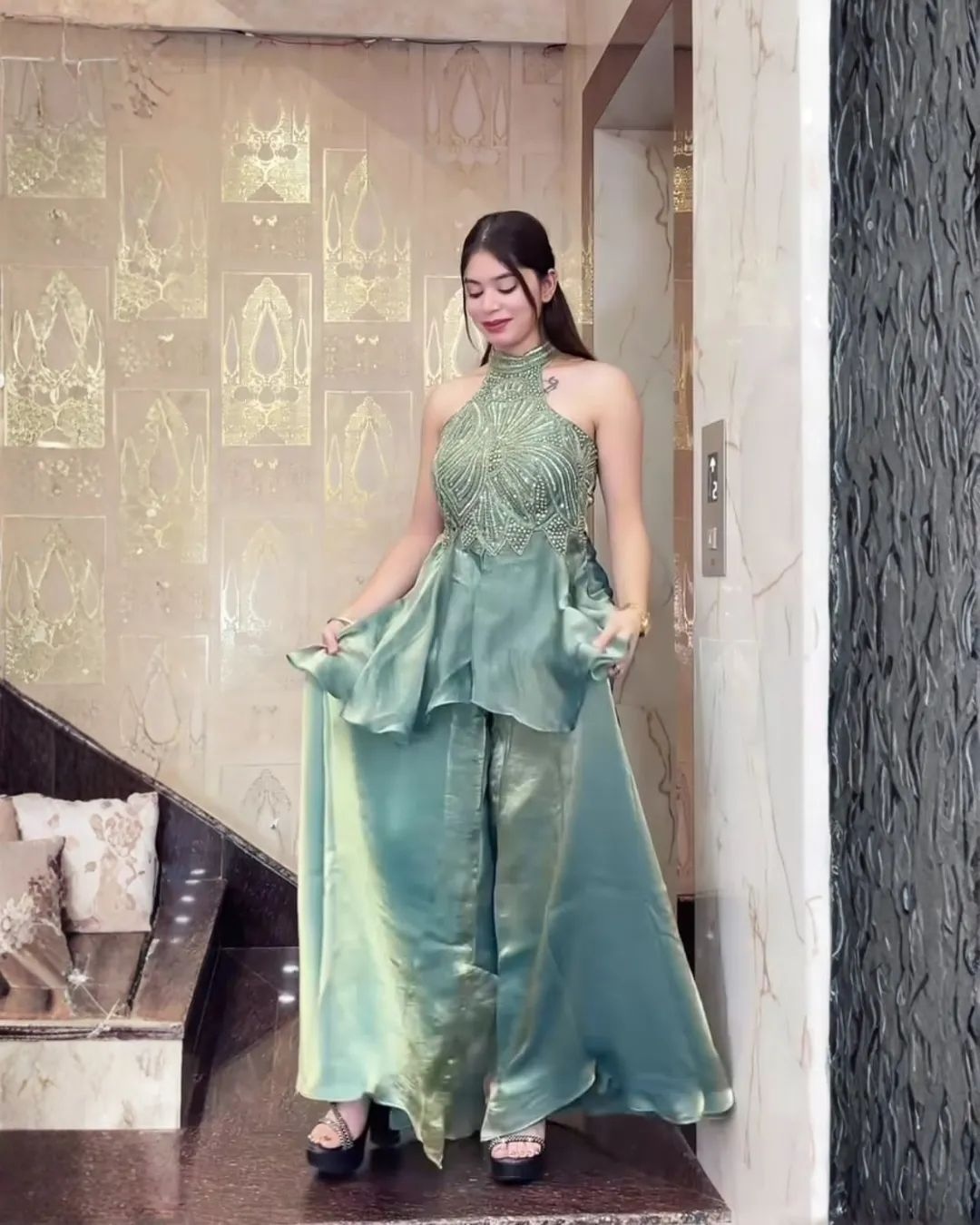 Blue Designer Embroidery Work Fendy Palazzo Suit