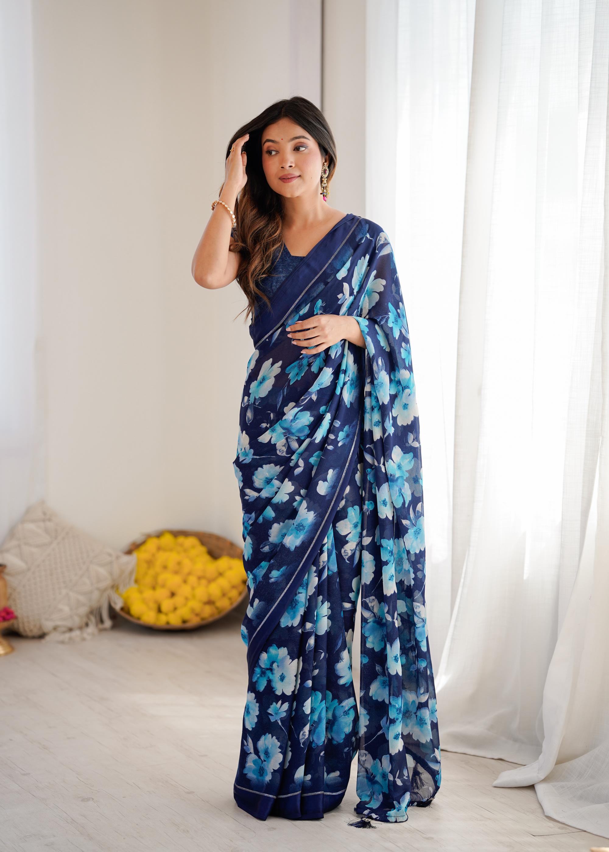 Blue Designer Printed Moss Satin Patta Saree