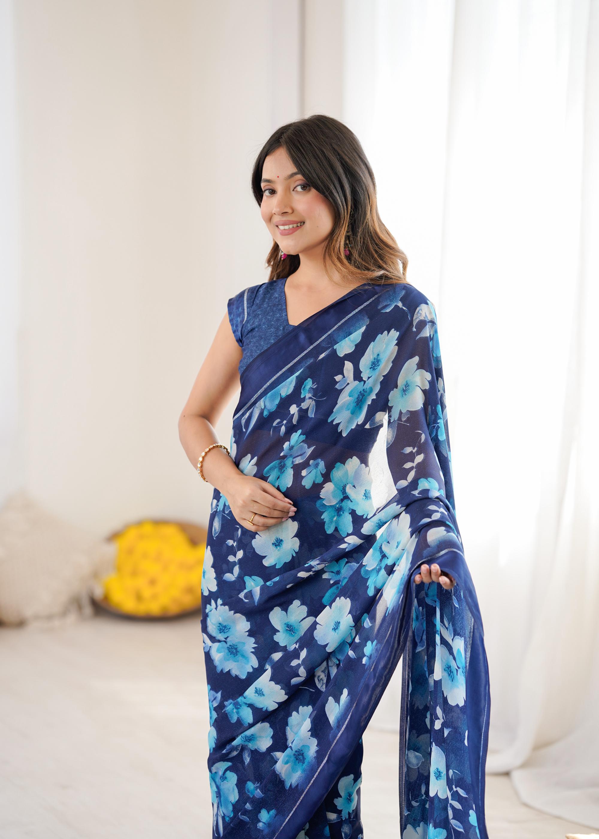Blue Designer Printed Moss Satin Patta Saree