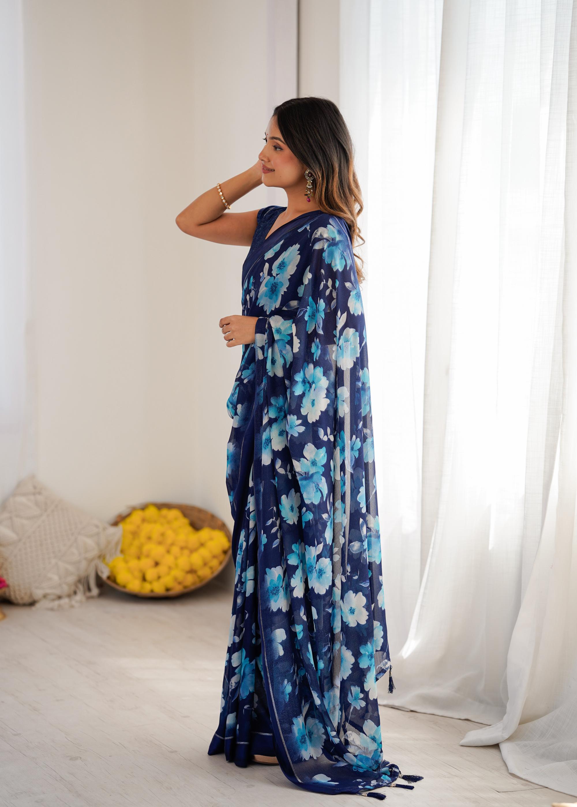 Blue Designer Printed Moss Satin Patta Saree