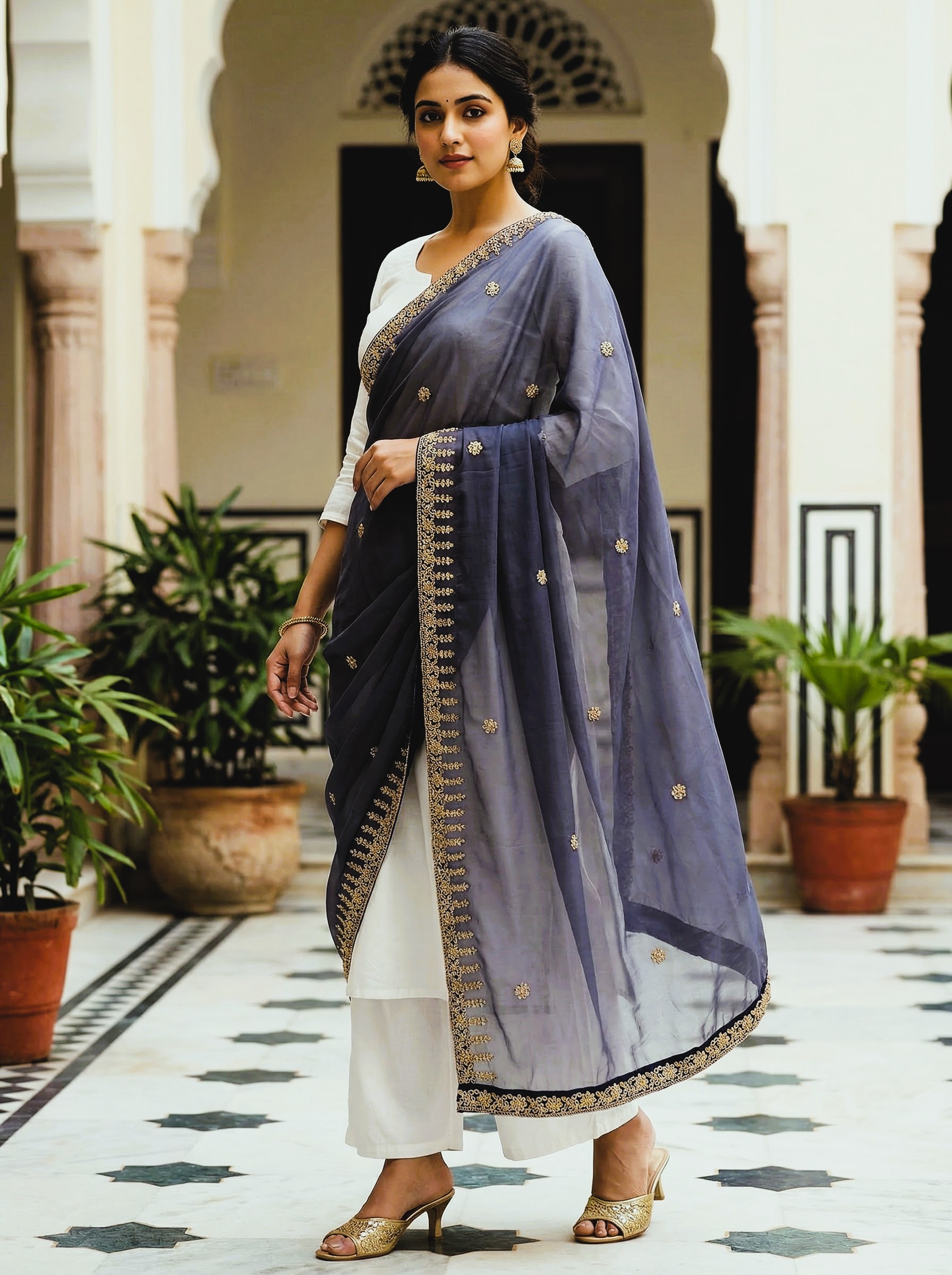 Blue Dori Embroidered Organza Dupatta