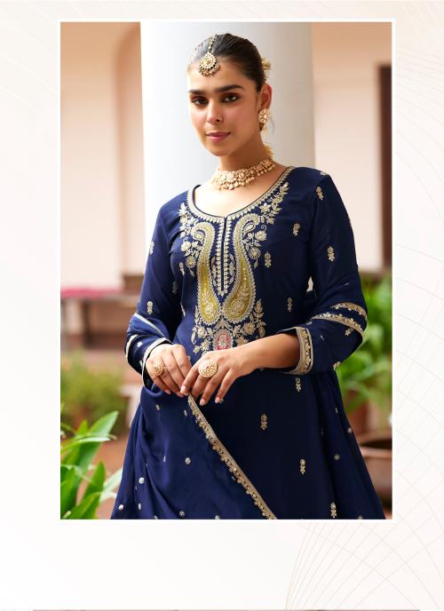 Blue Embroidered Chinnon Palazzo Suit — alternate view