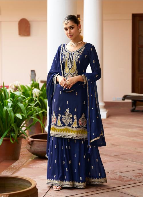 Blue Embroidered Chinnon Palazzo Suit