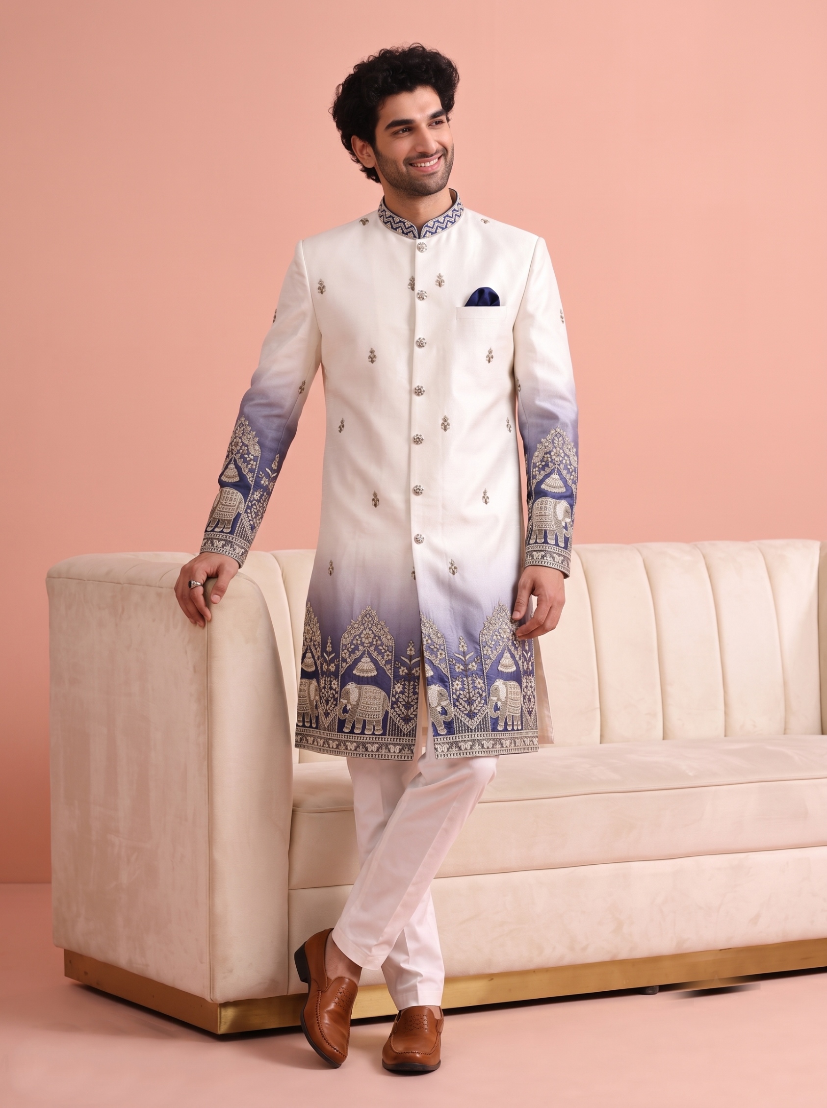 Blue Embroidered Doniar Satin Indo-Western Sherwani