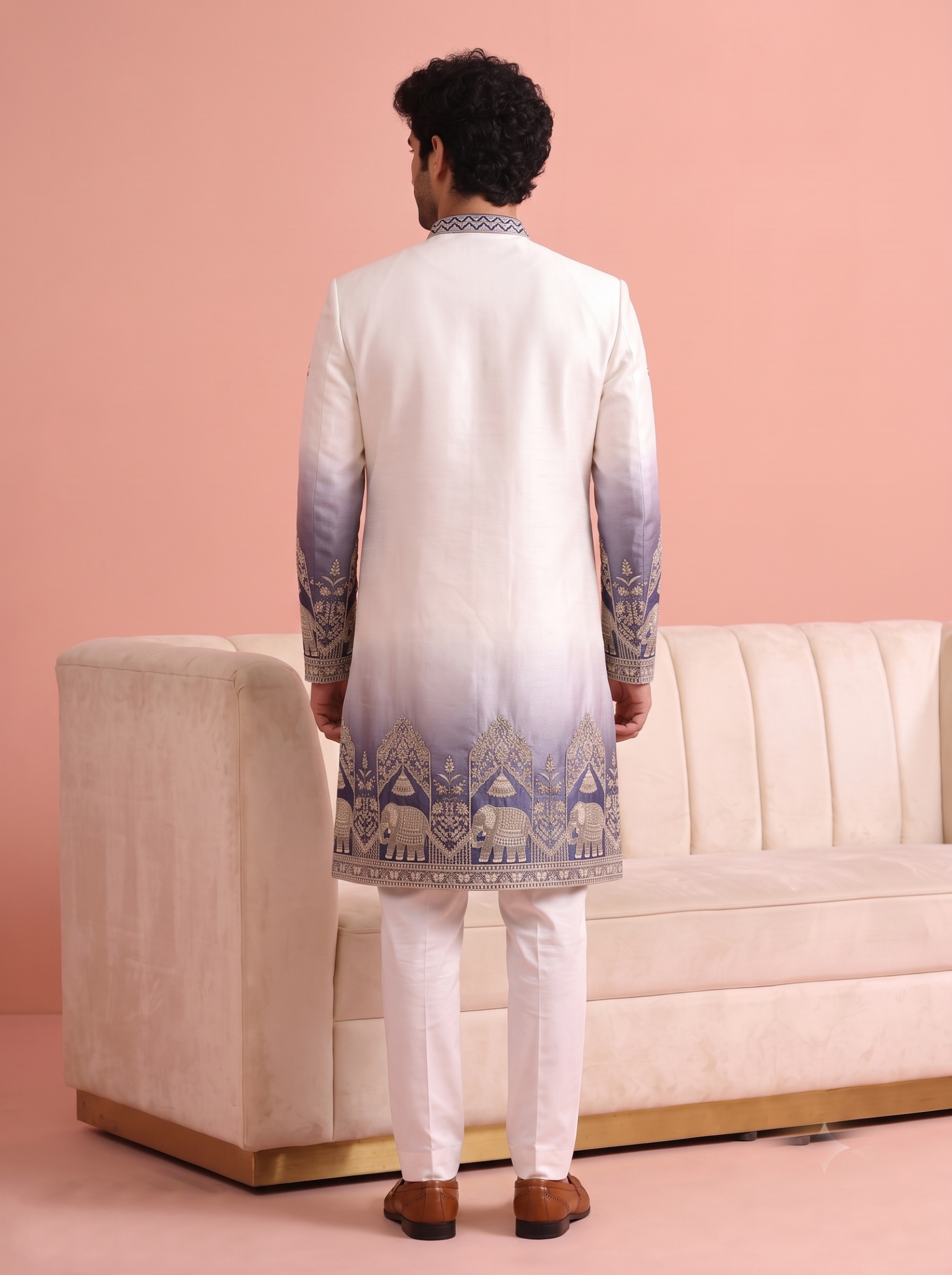 Blue Embroidered Doniar Satin Indo-Western Sherwani — alternate view