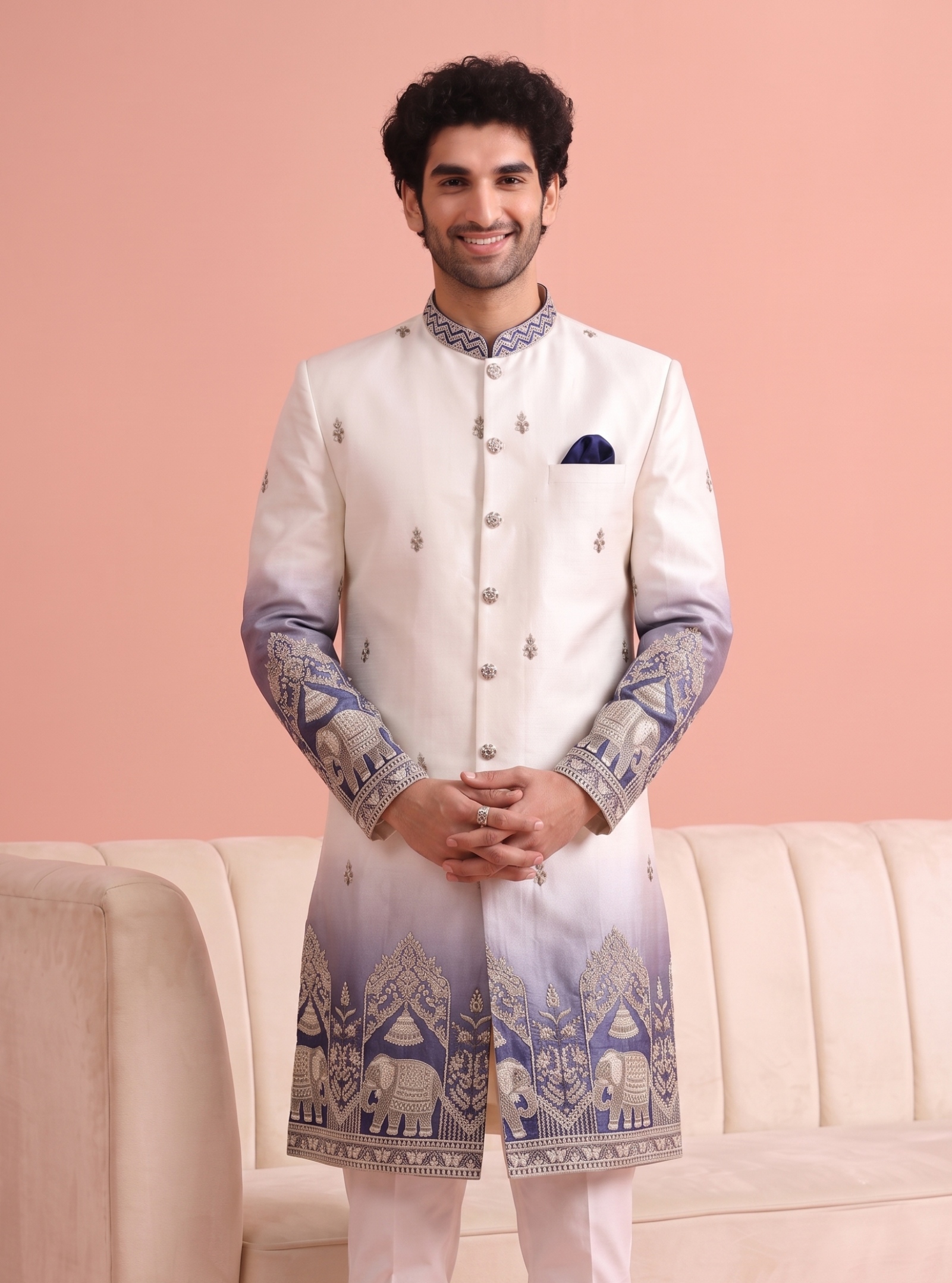 Blue Embroidered Doniar Satin Indo-Western Sherwani